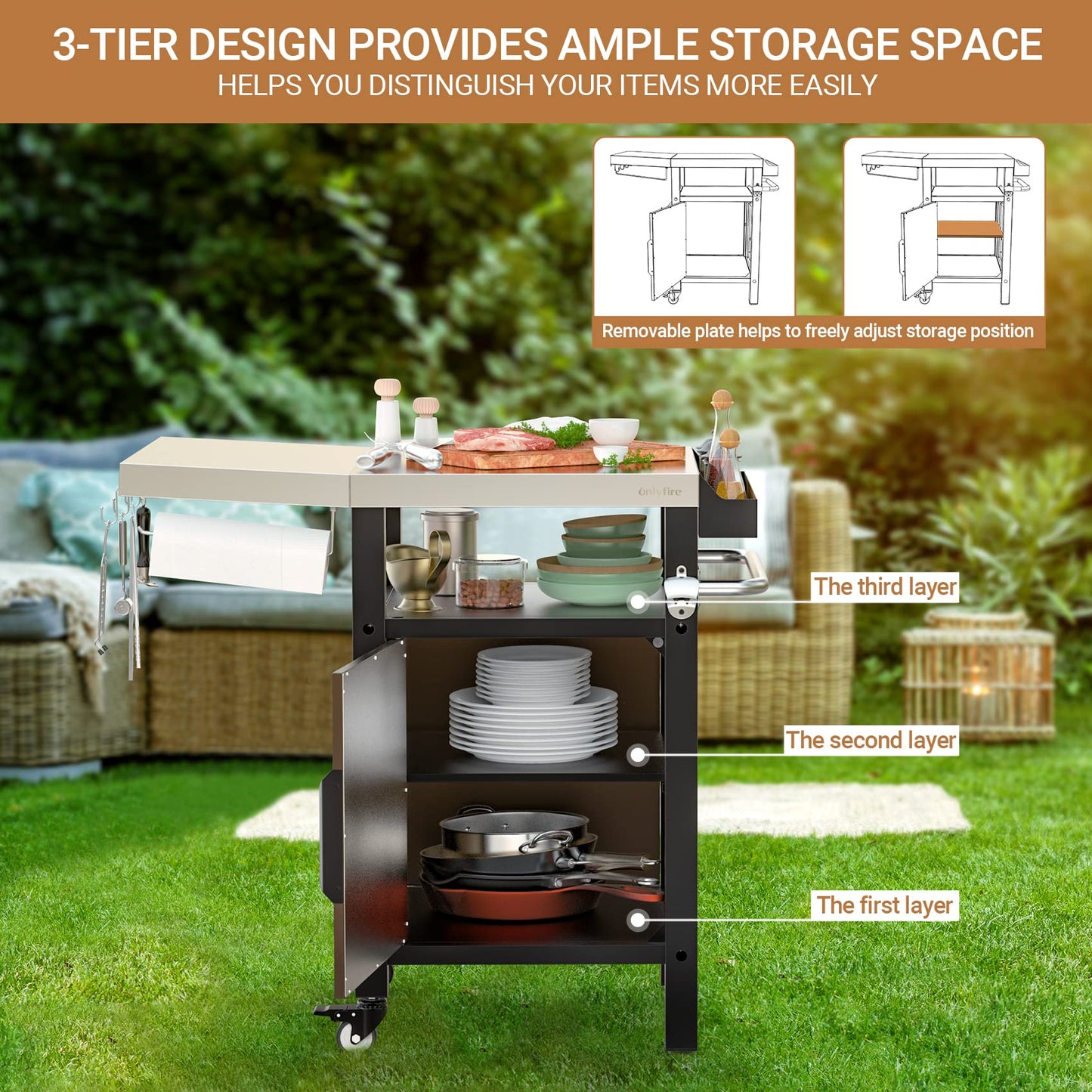 onlyfire Outdoor Barbecue Table, Grill Trolley with Folding Side Shelves, Outdoor Serving Trolley with Wheels, BBQ Table, Outdoor Side Table, Three Levels, Stainless Steel Table Top, 97.5 × 56 × 91 cm