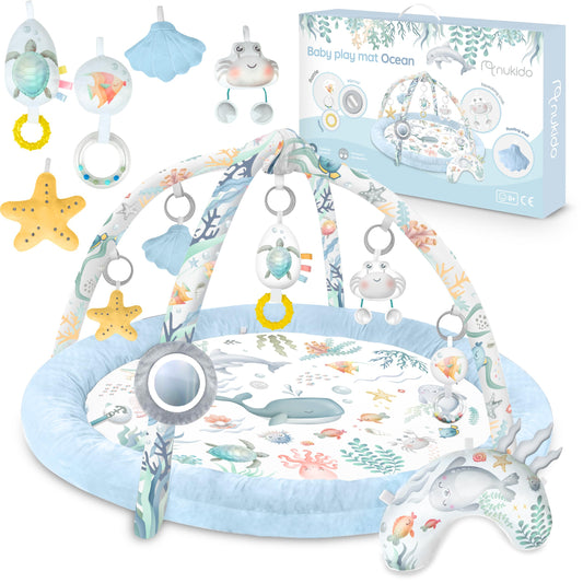 Nukido Interactive Play Arch Baby 5-in-1 Crawling Blanket for Baby Play Mat Playpen Baby with Mattress Baby Nest with Tummy Time Cushion 2 Sheets with 7 Sensory Toys 56 cm Grey