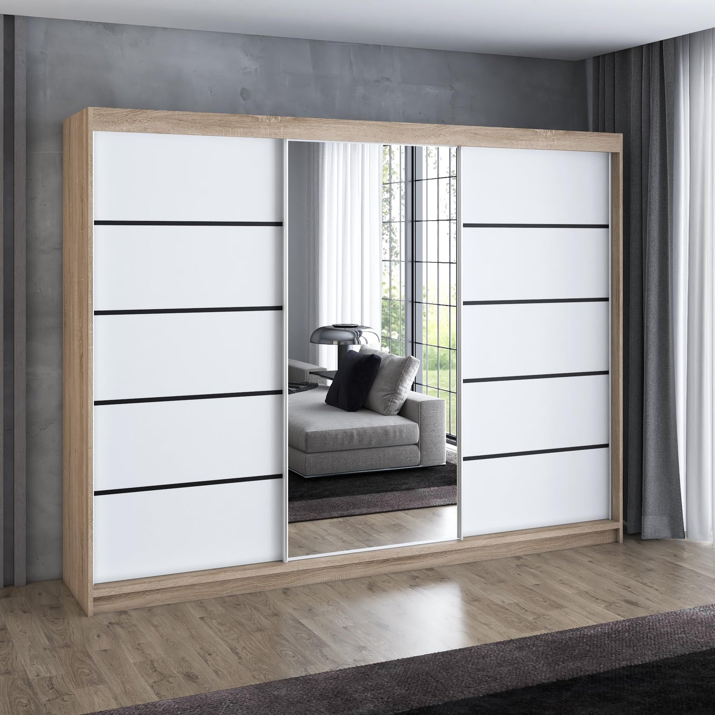 A&J MöbelLand Schwebetürenschrank VILANO 2, 3-türig Schrank 200 cm Kleiderschrank mit 4 Schubladen, und Spiegel (Weiß, Schwarz, Somona) (Schwarz/schwarz/schwarz)