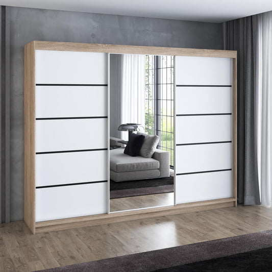 A&J MöbelLand Schwebetürenschrank VILANO 2, 3-türig Schrank 200 cm Kleiderschrank mit 4 Schubladen, und Spiegel (Weiß, Schwarz, Somona) (Schwarz/schwarz/schwarz)