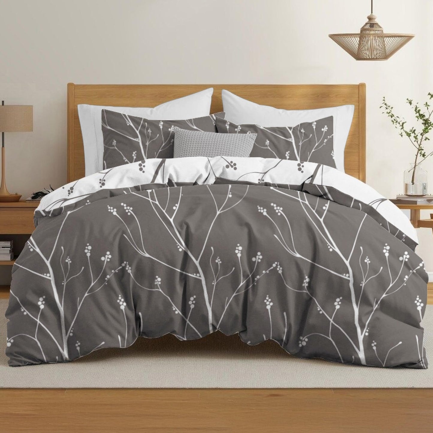 Dreamzie Bed Linen Set 155 x 220 cm with 2 Pillowcases 80 x 80 cm, Botanic Motif Sage Green, Adult Bed Linen, 155 x 220 cm, Made of 100% Microfibre, Certified, No Chemicals (OEKO TEX)