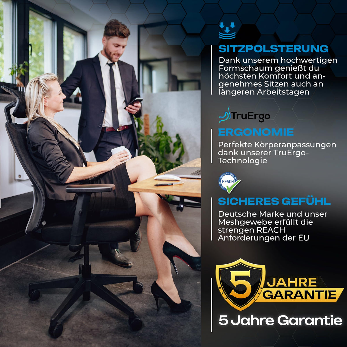 M2 Ergonomic Office Chair, Test Winner with Adjustable Armrest without Headrest for Maximum Freedom of Movement, Back-Friendly, Comfortable Desk Chair for Office and Home Office Chair