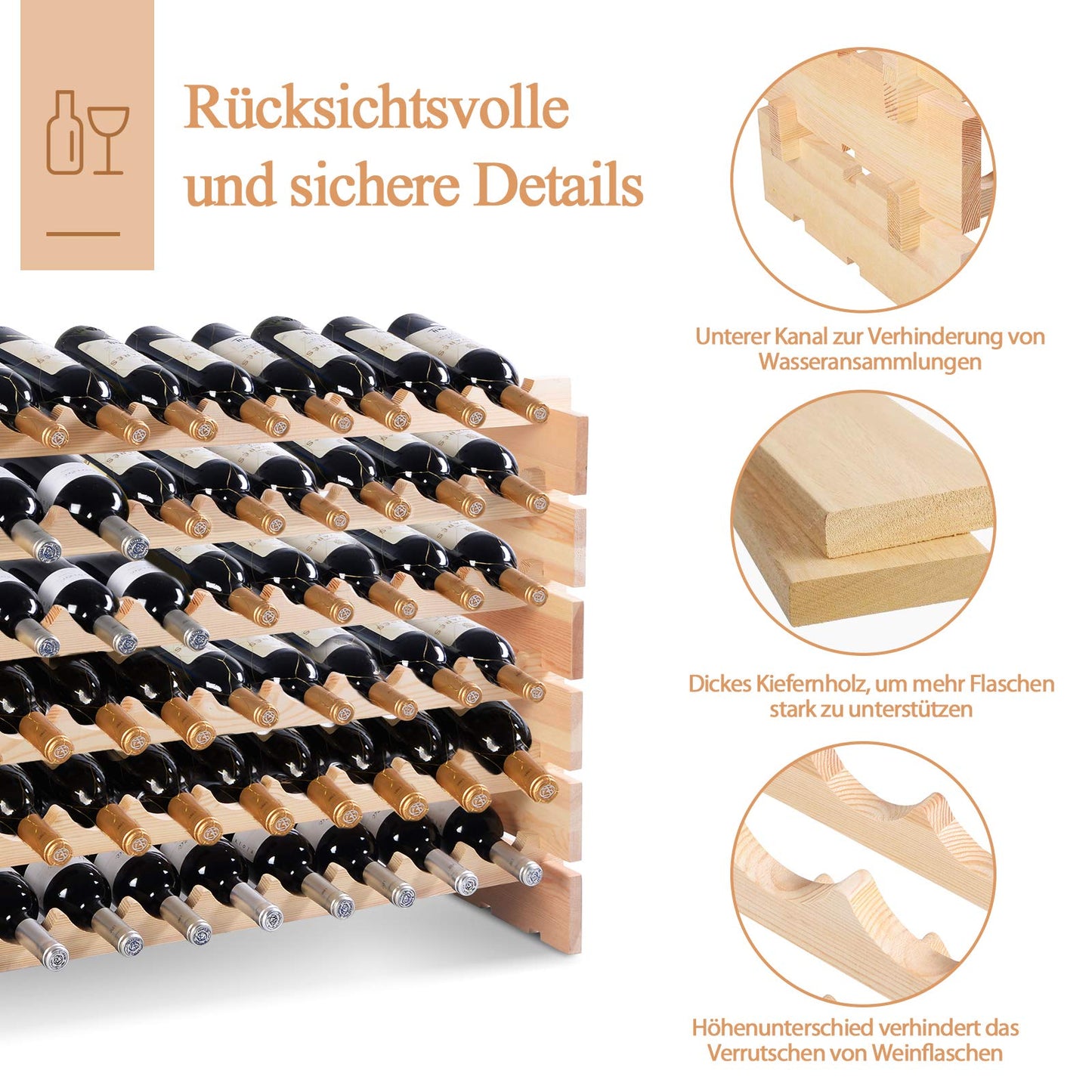 COSTWAY Wine Rack Wood Stackable Bottle Rack for 72 Bottles, Wine Rack with 6 Levels, Wooden Shelf, Bottle Stand for Kitchen, Dining Room, Bar, Basement, 119 x 29 x 72 cm