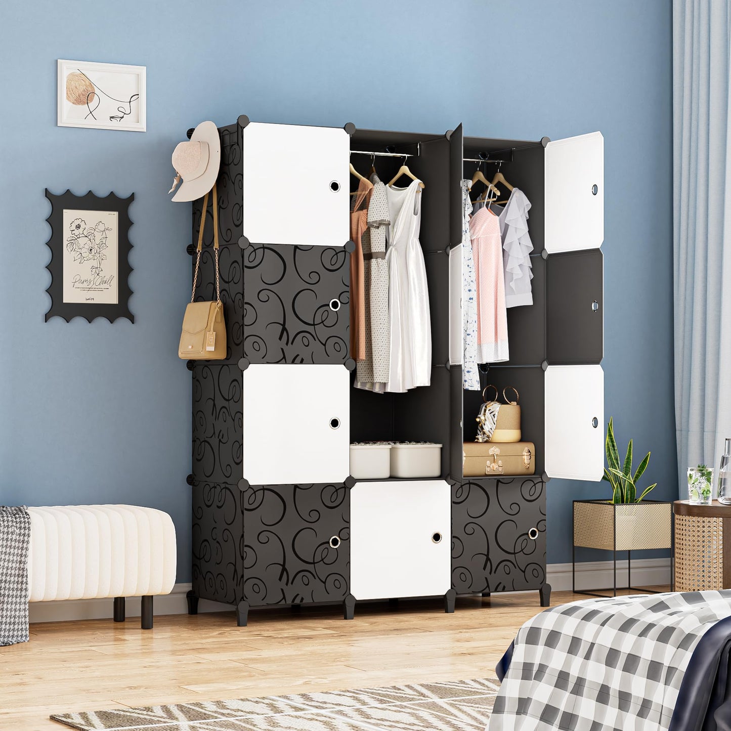 HOMIDEC Wardrobe, Portable Shelf System, 20 Cube Plastic Cabinet with 2 Clothes Rails, Bedroom Wardrobe, White for Bedroom, 180 x 142 x 45 cm