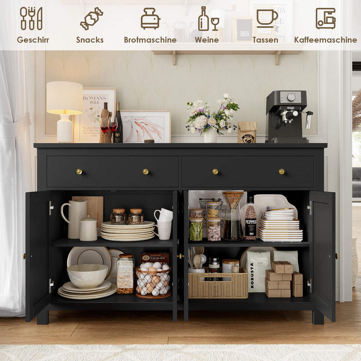 FirFurd Sideboard 140 cm Wide Kitchen Cabinet with Worktop Buffet Cabinet with 2 Drawers 4 Doors Kitchen Buffet with Adjustable Shelves for Living Room Kitchen Dining Room 140 x 40 x 89 cm White