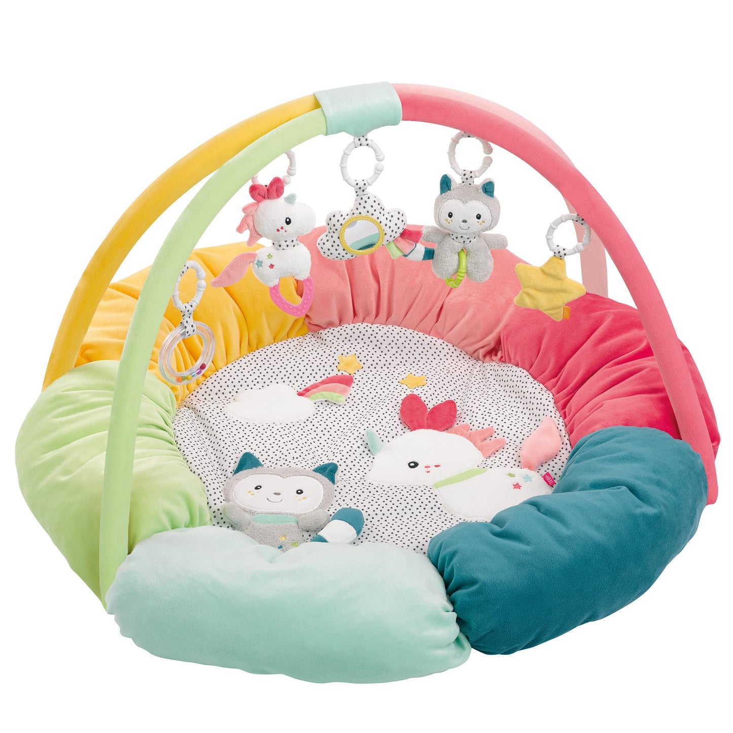 Fehn 071184 3-D-Activity-Nest Owl, Particularly Soft Play Arch with 5 Removable Play Toys for Babies, Play and Fun from Birth, Dimensions: Diameter 85 cm Rainbow rainbow