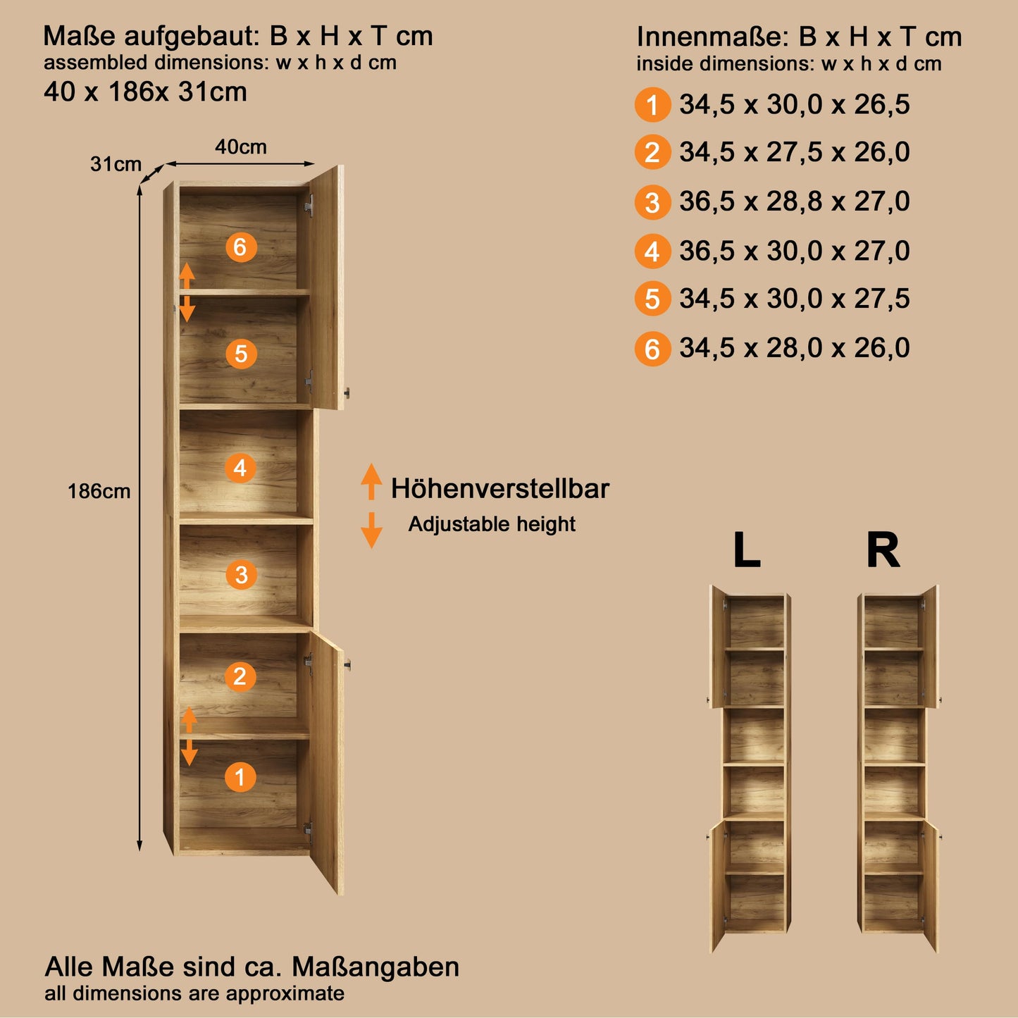 trendteam smart living - PureBliss - Hochschrank - Eiche - Badezimmerschrank in moderner Rillenoptik - edle Metallgriffe - (BxHxT) 40 x 186 x 31 cm - 2 praktische Einlegeböden - kratzfest
