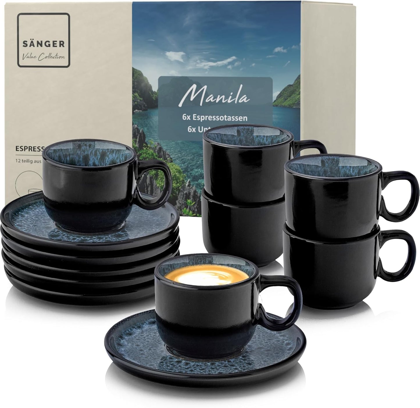SÄNGER Manila Dinner Service for 6 People, Plate Set, Coffee Mug, Pasta Bowl, 30 Pieces, Stoneware Crockery Set, Dishwasher, Microwave, Scratch-Resistant, Blue with Black Rim, Value Collection