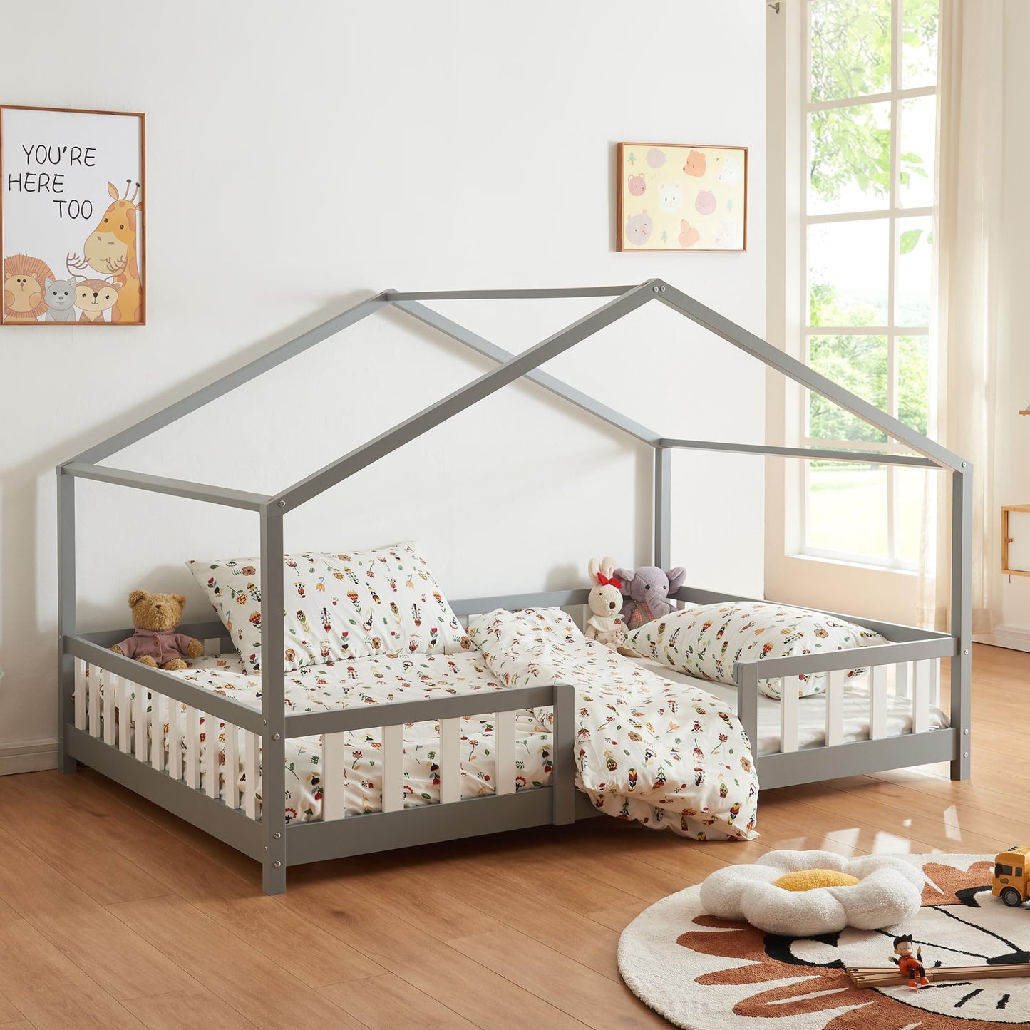 [en.casa] Treviolo Children's Bed 140 x 200 cm Wooden Bed for Children with Fall Protection Montessori Bed Frame with Slatted Frame Pine Wood White