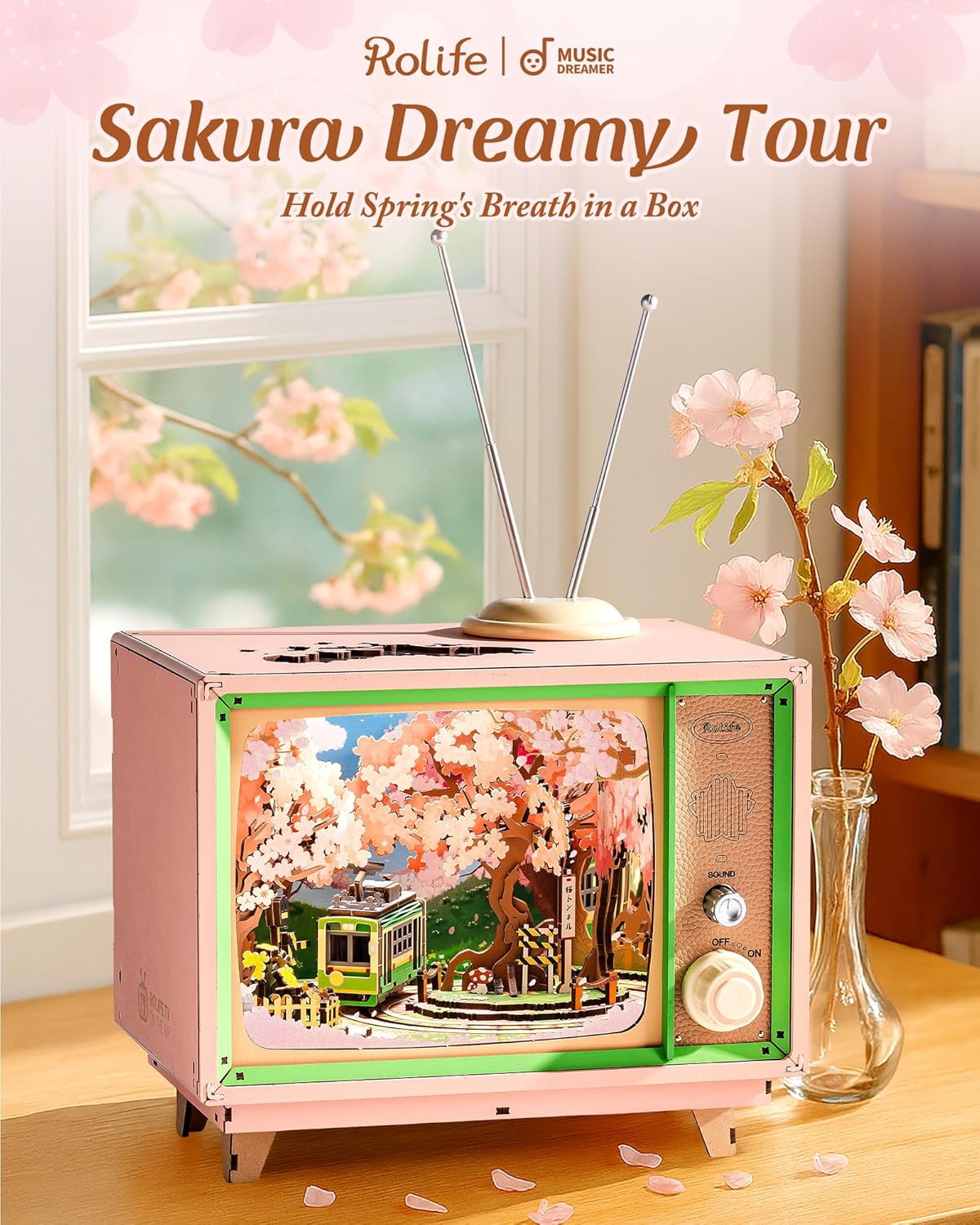 Rolife Modellbausatz Spieluhr Sakura Traumreise DIY Miniatur Haus Kit mit Kirschblüten Szene Holz Puppenhaus zur Deko für Zuhause und Bücherregal Geburtstagsgeschenk für Sie