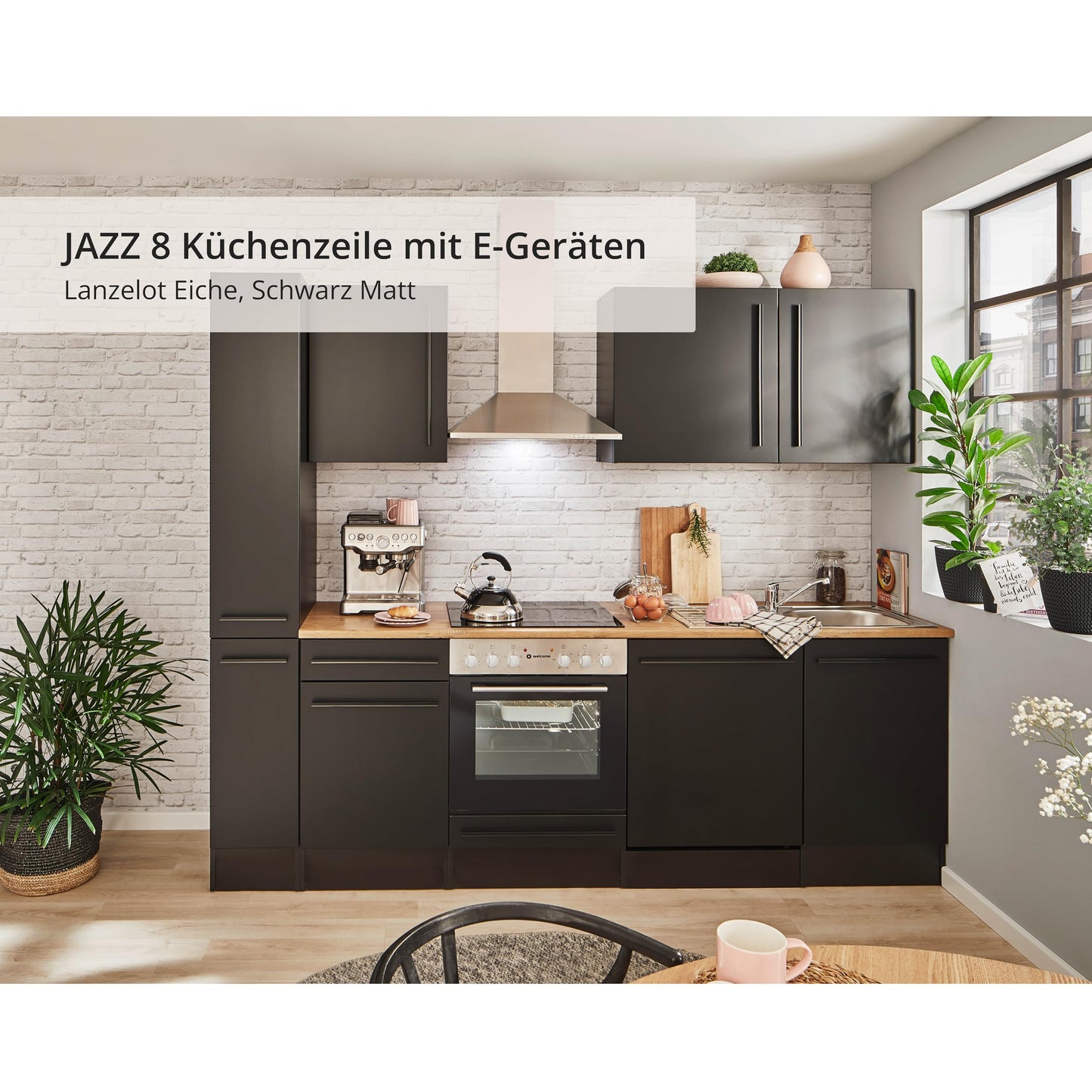 Jazz 8 Modern Kitchen Unit without Electrical Appliances in Anthracite, Artisan Oak Look, Spacious Fitted Kitchen with Lots of Storage Space, 220 x 211 x 60 cm (W x H x D)