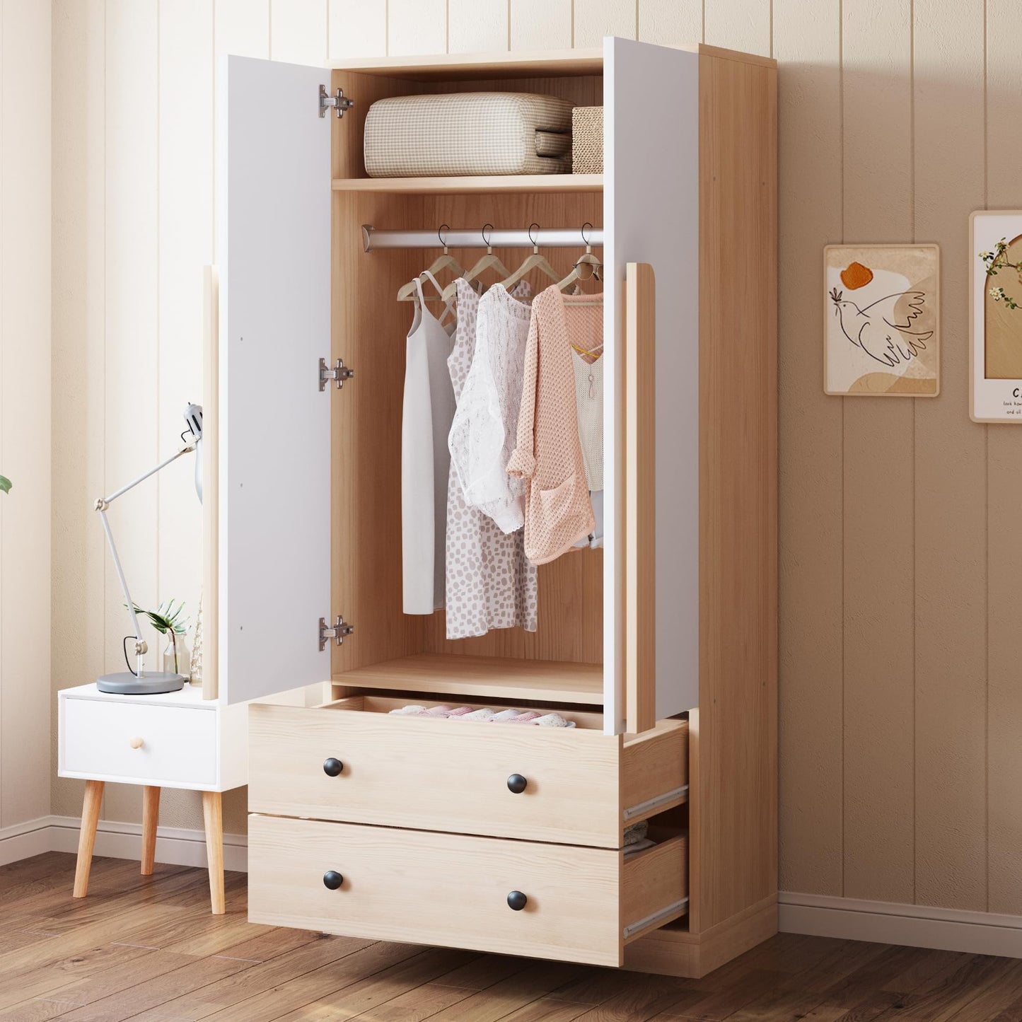 RIAZOS Wardrobe with Storage Cupboard, Double Door Design, with 1 Clothes Rail, 5 Compartments, for Bedroom, Living Room, Children's Room, 70 x 40 x 170 cm, White