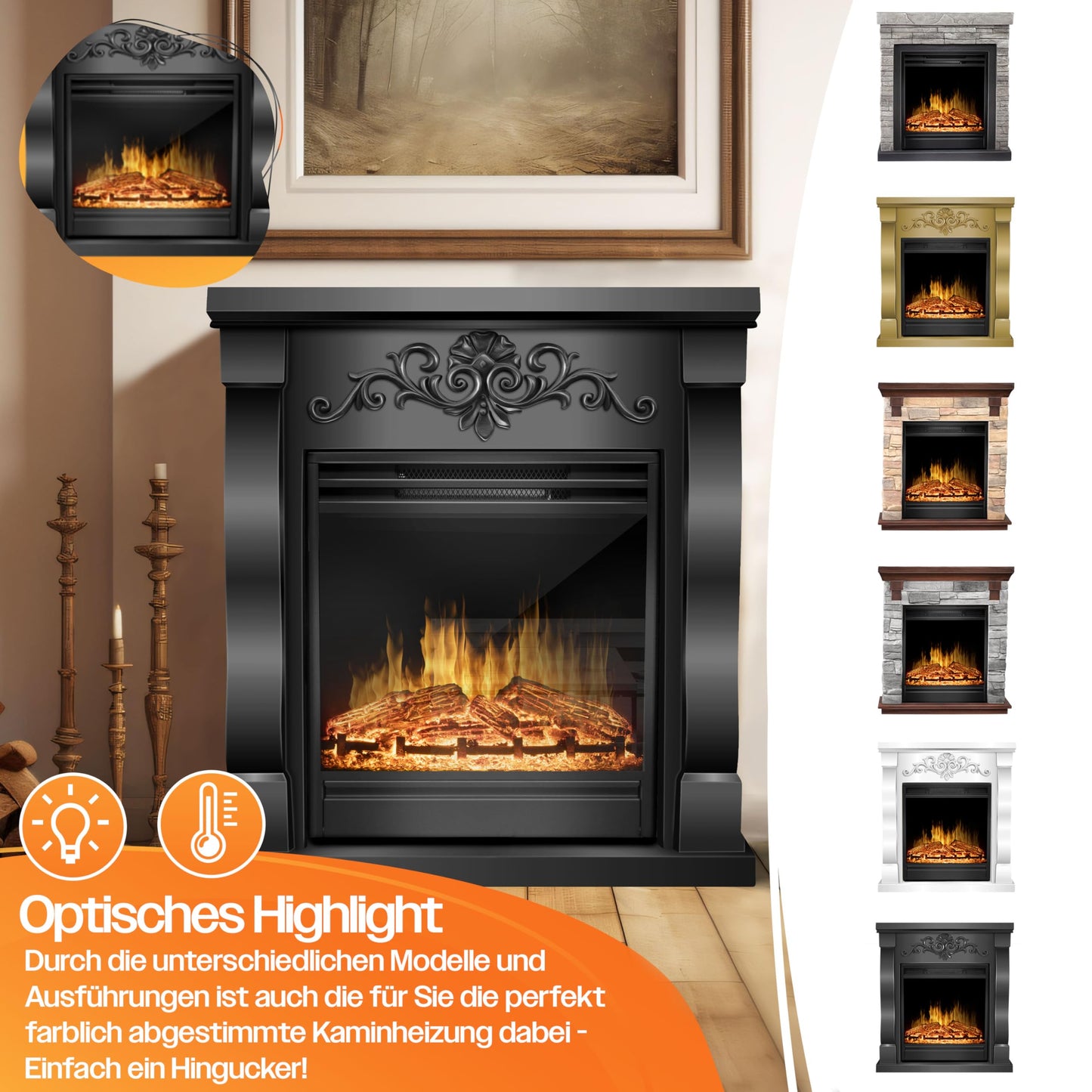 KESSER® Electric Fireplace with LED 3D Flame Effect, Heating Function, 1,800 W Power, Timer, Thermostat, Remote Control, Dimmable, Natural/Brown