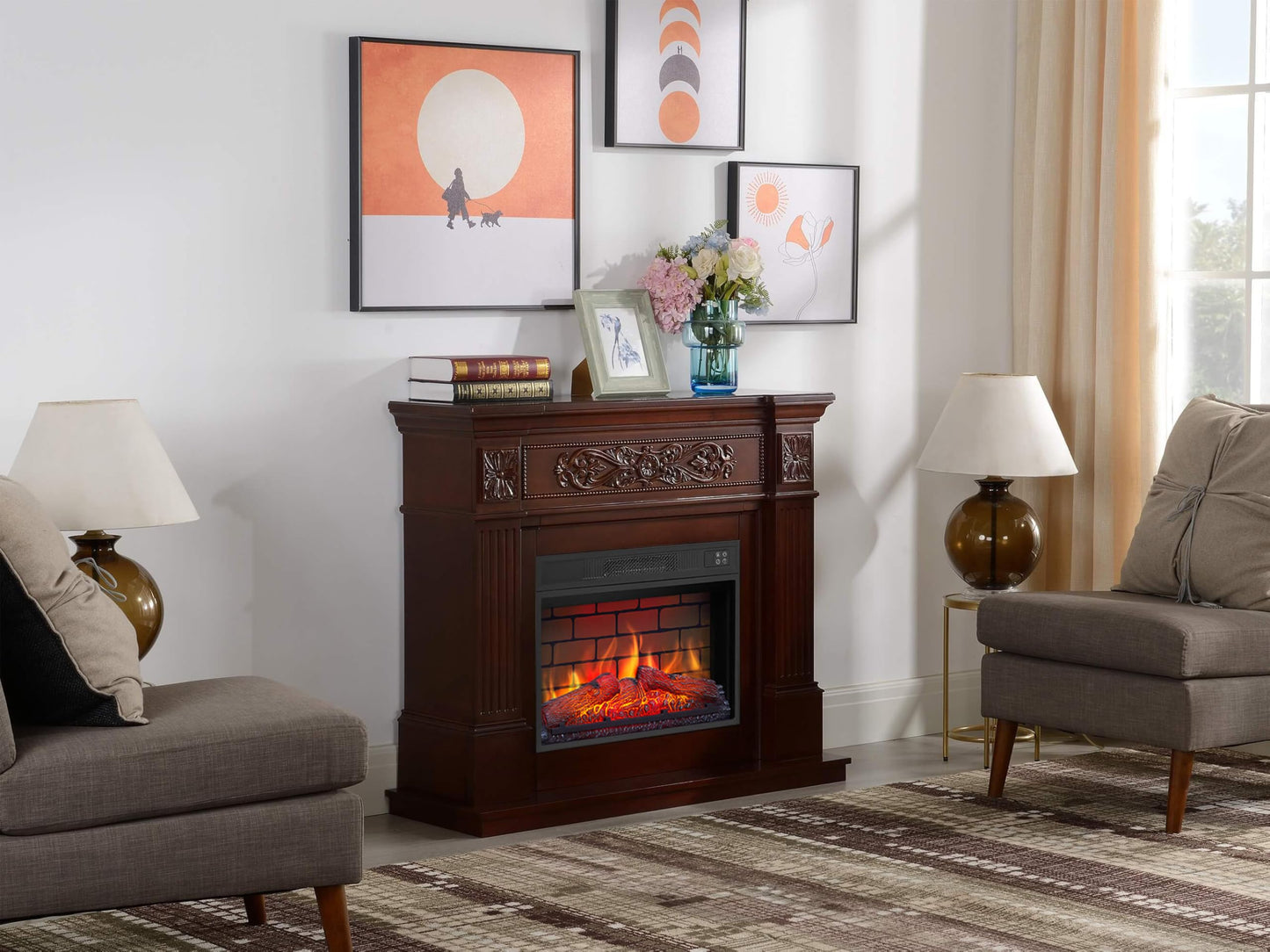 Toscana AF23BS Electric Fireplace with Heater 1800 W, Realistic 3D Flame Effect, LED Lighting, Remote Control, Timer, Thermostat, Crinkle Effect, MDF (Oak)