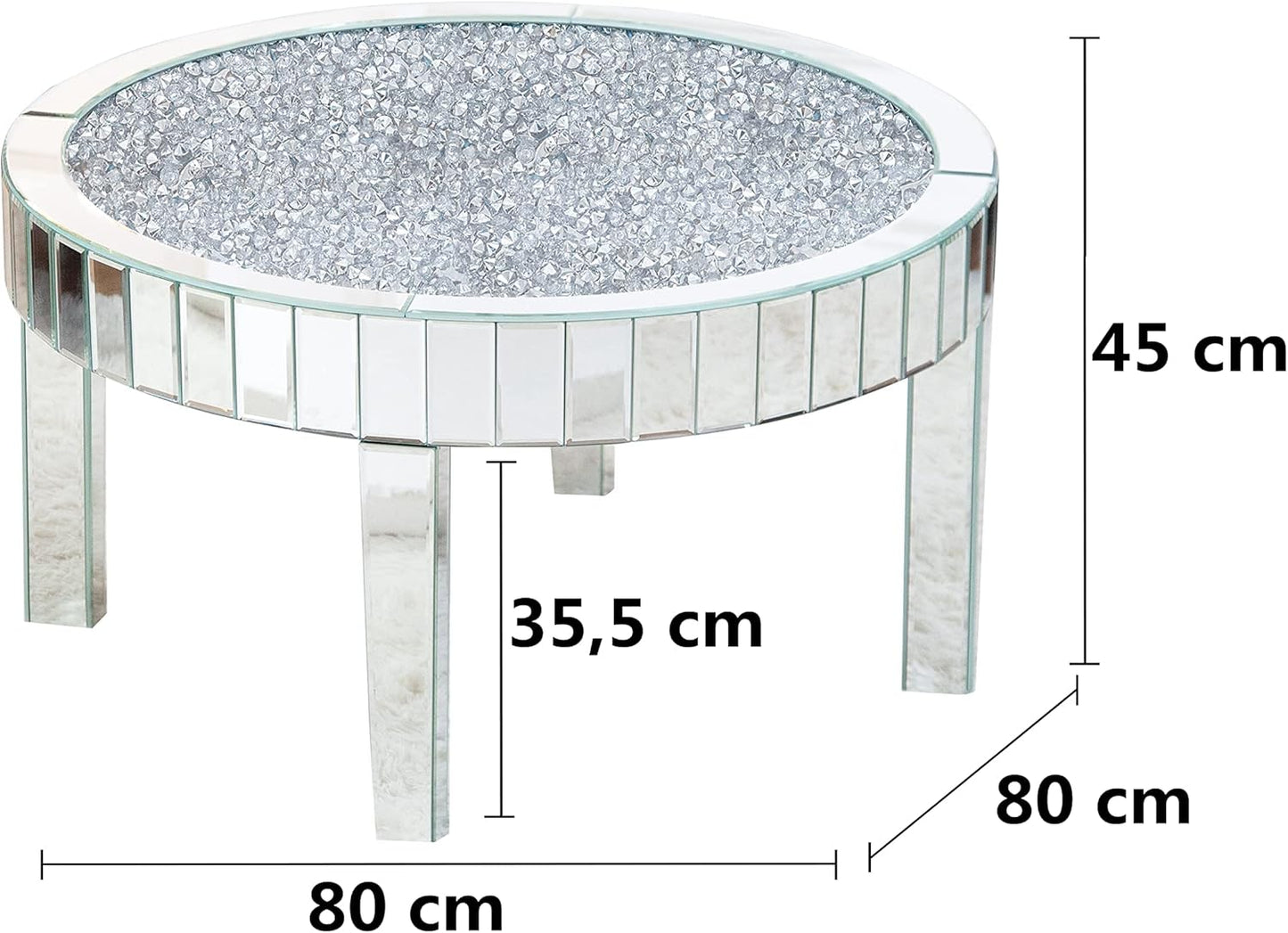 SHYFOY Mirrored Coffee Table Crystal, Round Living Room Table, Sofa Table for Living Room, Top with Crystal Diamonds, MDF Structure, Easy Assembly, Luxurious Mirror Furniture, Silver