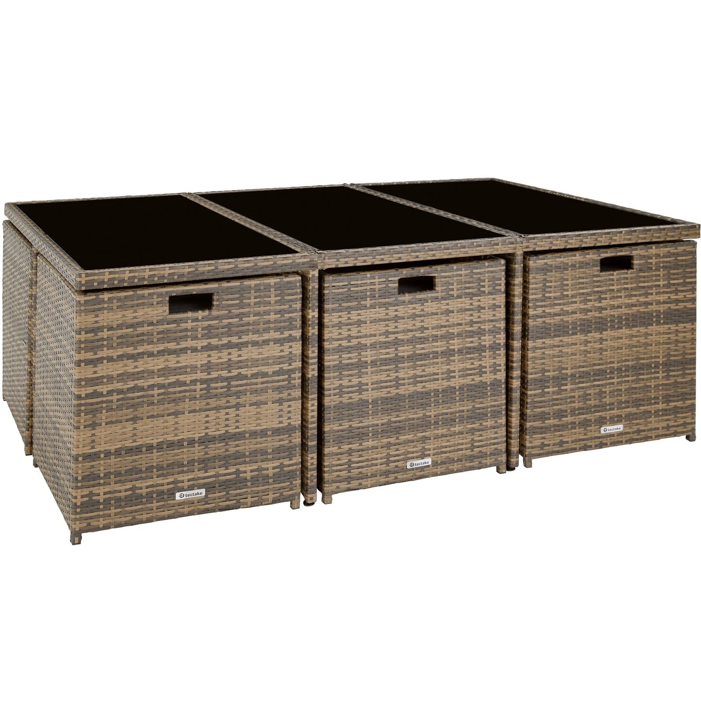 tectake Polyrattan Gartenmöbel Set, Sitzgruppe mit 6 Stühle +1 Glasplatte Tisch + 4 Hocker, Gartenlounge Set klappbar, für bis zu 10 Personen, Balkon Möbel, inkl. 2 Bezugsset - Natur