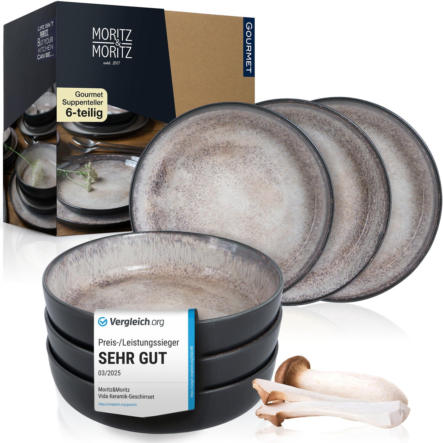 Moritz & Moritz Vida 18-Piece Crockery Set for 6 People, Elegant Plate Set Made of High-Quality Porcelain, Crockery Consisting of 6 x Dinner Plates, 6 x Dessert Plates, 6 x Soup Plates