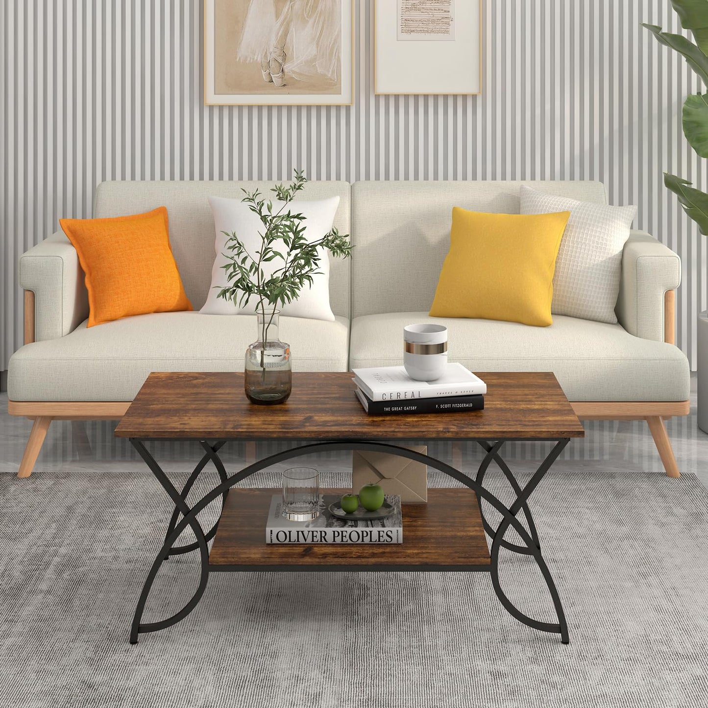 GIANTEX Coffee Table Marble Black, Coffee Table, Tea Table, 2 Shelves, Living Room Table, Modern Sofa Table, Tea Table, 100 x 50 x 45 cm, Accent Table with Metal Legs, Side Table with Marble Look