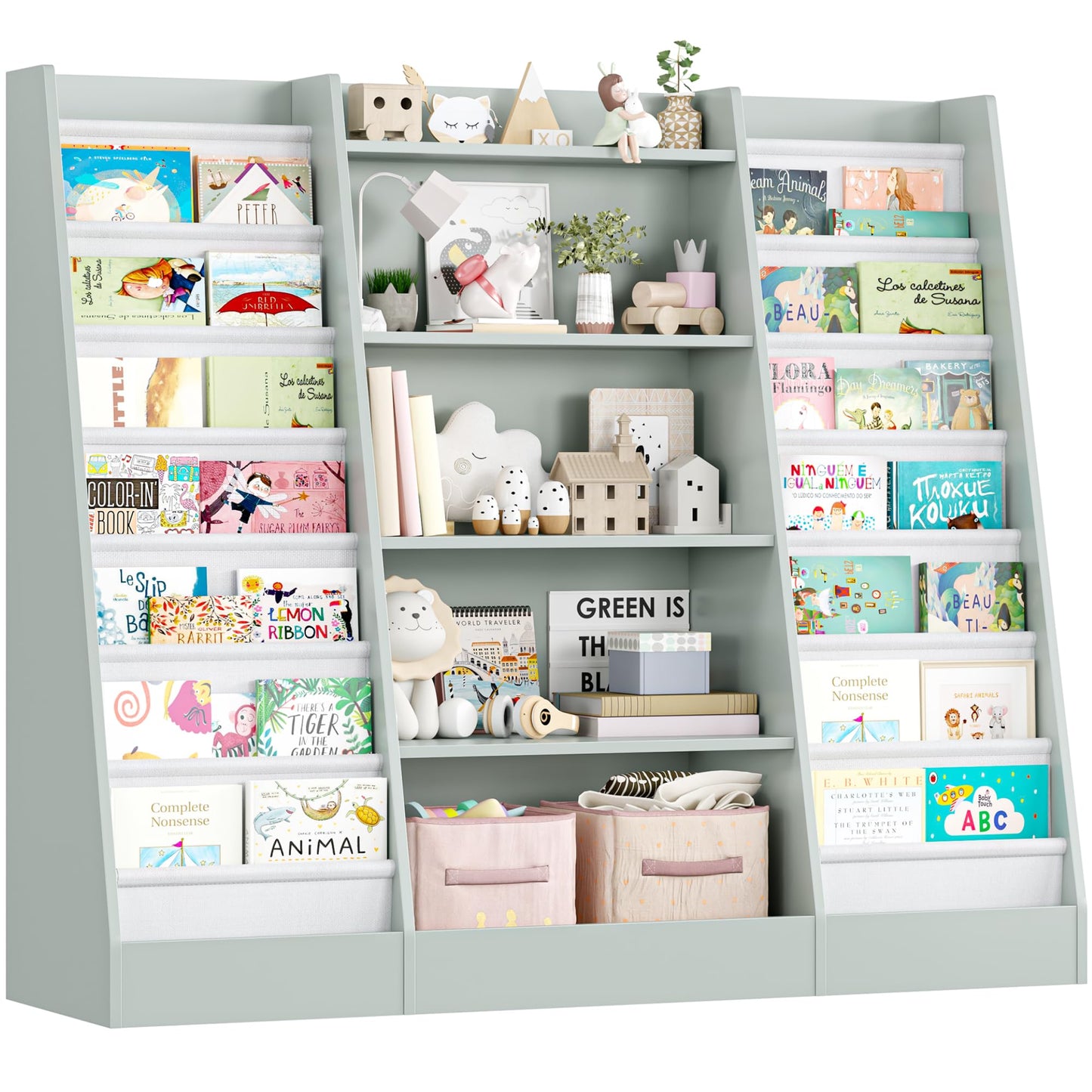 FOREHILL 129 cm Breite Kinderregal, Bücherregal für Kinder mit 14 Ablagen, Kinderzimmer Möbel aus Holz, Spielzeugregal, Regal für Kinderzimmer, Kindergarten, Leseecke, 129 x 120 x 35 cm (weiß)