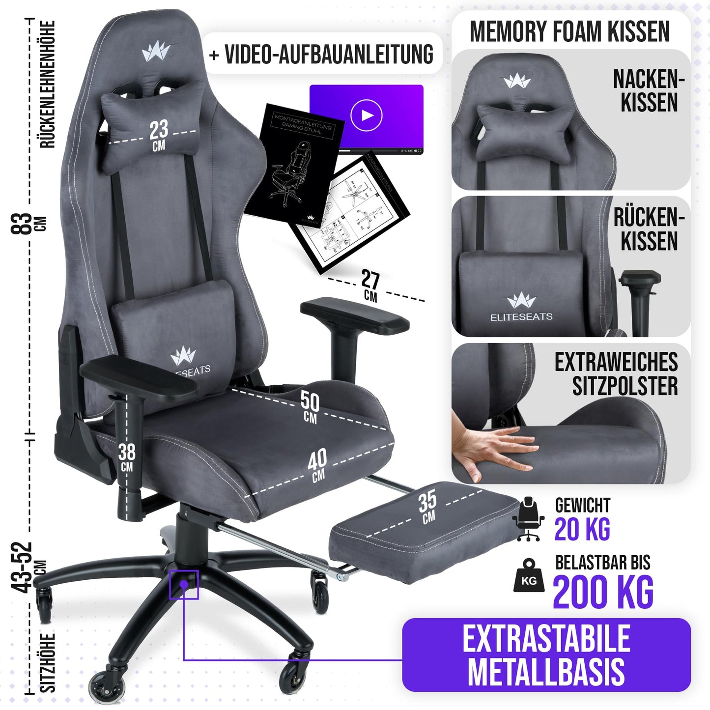ELITESEATS Ergonomic Gaming Chair [Test Winner] Scratch-Free Wheels Breathable 4D Armrests with Footrest Ergonomic Gaming Chair Fabric 150 kg Load Capacity Gaming Chair Gaming Chair