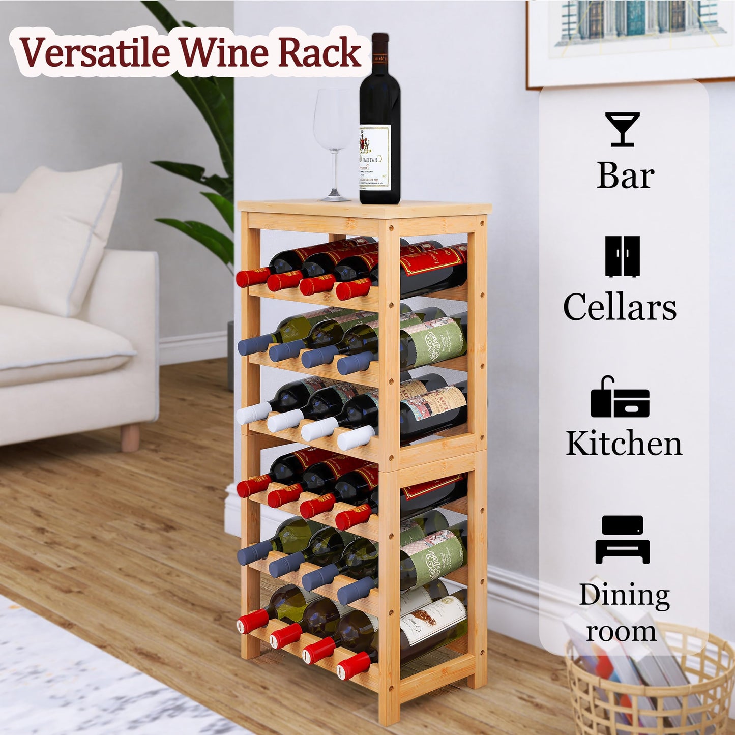 24 Bottle Wine Rack Freestanding Base, 6 Tier Wine Display Storage Shelves with Table Top, Bamboo Wine Bottle Holder Stand with Wave Bars for Kitchen, Dining Room, Pantry, Black