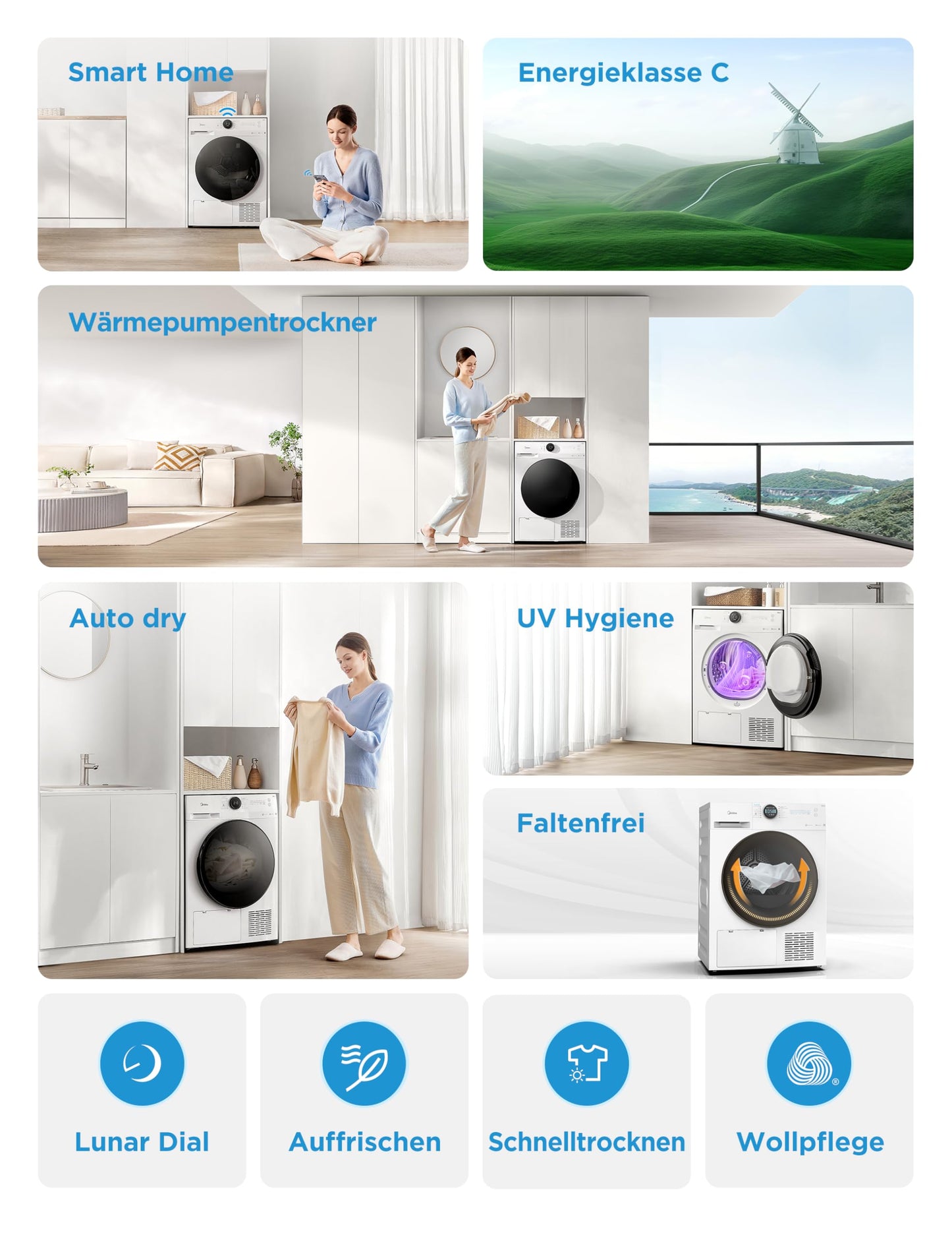 Midea MD20EH80WB-A3 Heat Pump Dryer, 8 kg, Energy Class C, UV Hygiene, Wrinkle Protection, Gentle Care, Auto Dry, Wool Care, Refreshing, Remote Control, Delay Start, White [Energy Class A+++]