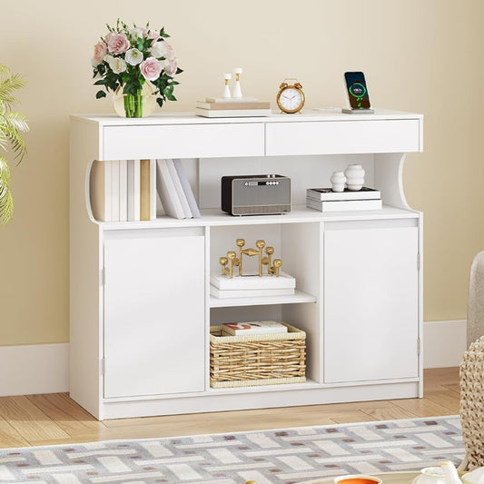 Hzuaneri SC64903X Sideboard, Kitchen Cabinet with Power Strip and LED Light, Storage Cabinet, 2 Drawers and 2 Doors, Adjustable Shelves, Buffet Cabinet, Dining Room, Kitchen, 35 x 100 x 85 cm, White