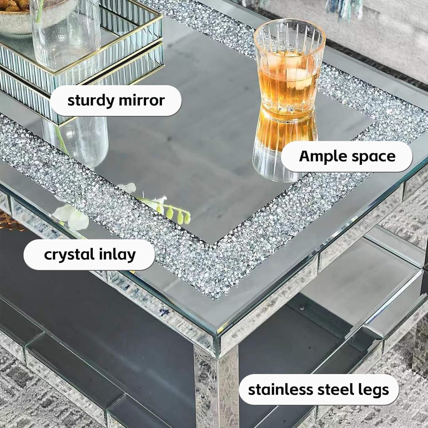 Rectangular Silver Mirrored Coffee Table for Living Room - Elegant Shiny Coffee Table with 2 Levels, Crystal Inlay and Stainless Steel Frame - Modern Cocktail Table / Side Table -