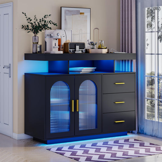 Lvifur Buffet Cabinet, Sideboard, White, Storage Cabinet with Wireless Charging Station, Automatic Sensor, RGB 20 Colours, Dimmable Sideboard, Intelligent Sensors, Chest of Drawers, Living Room, Black