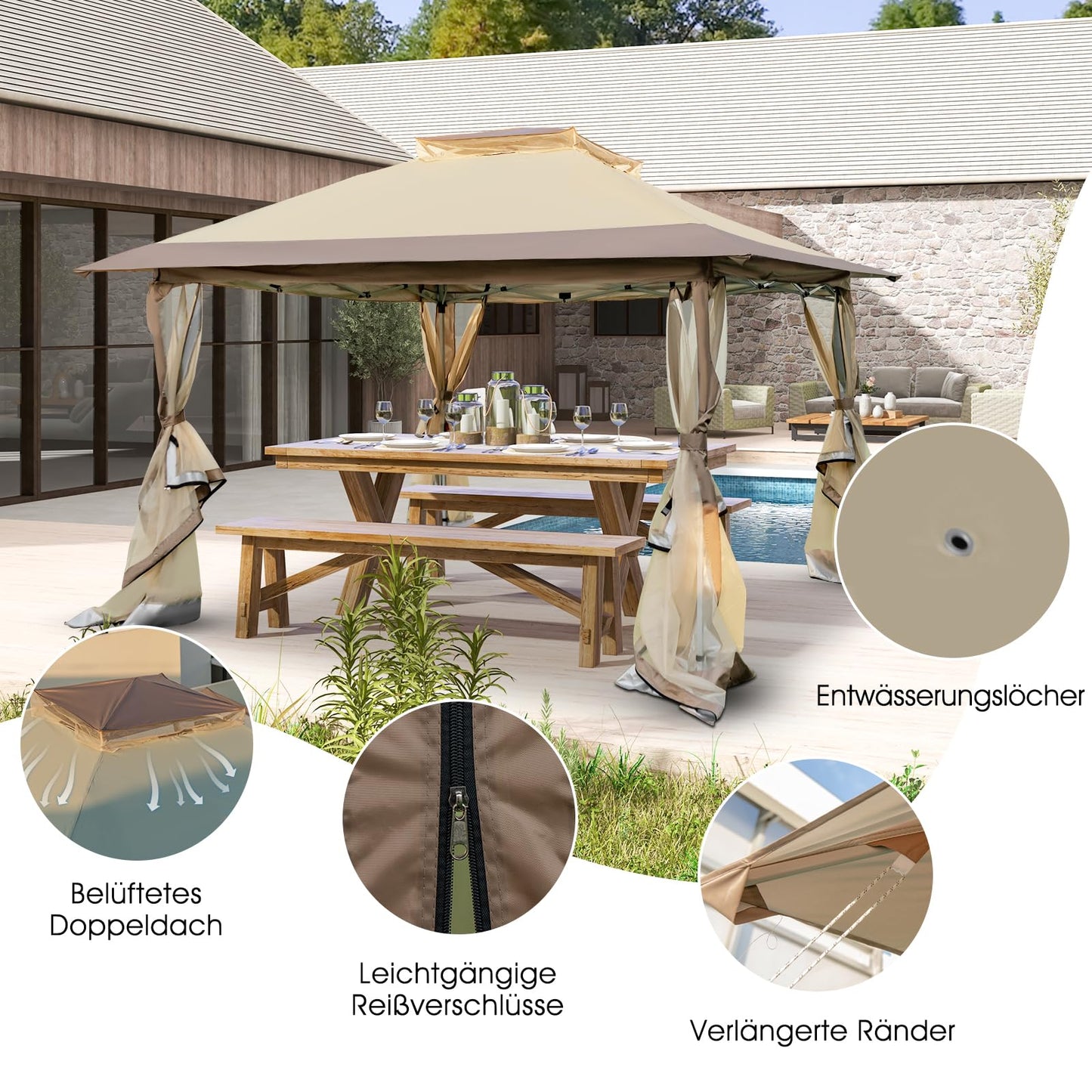 COSTWAY Folding Gazebo 4 x 4 m, Pop Up Gazebo with Wheels and Carry Bag, Waterproof, UV Protection 50+, Party Tent, Garden Gazebo for Garden, Party, Wedding and Festival