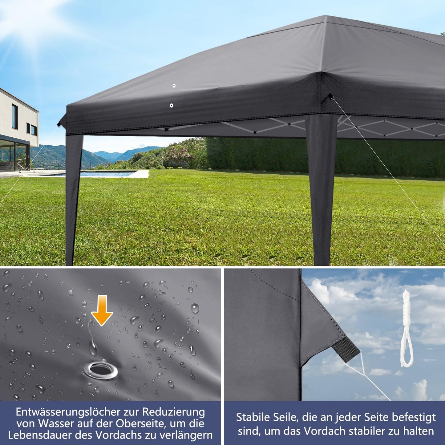 LEADZM Gazebo, Folding Gazebo, 3 x 6 m, Pop-Up, Waterproof, Winterproof, Height Adjustable, UV Protection 50+, Garden Tent, Party Tent, Steel Frame, with 6 Side Panels, for Garden, Party, Camping,