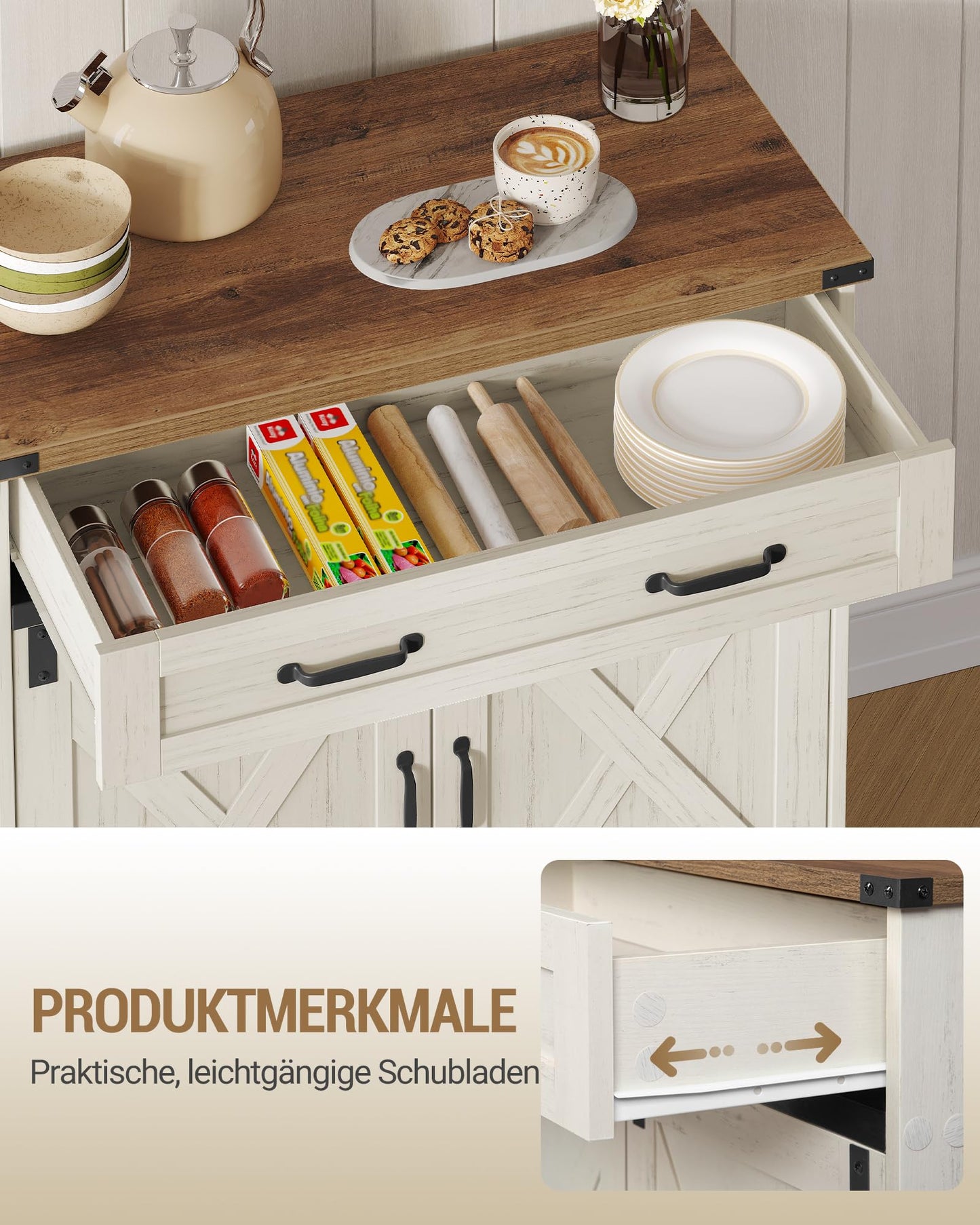 Hzuaneri SC94814X Kitchen Cabinet, Sideboard with 1 Drawer, Storage Cabinet with 2 Doors, Adjustable Shelves, Country House Style, Kitchen, Living Room, 40 x 140 x 80 cm, Vintage Brown/White