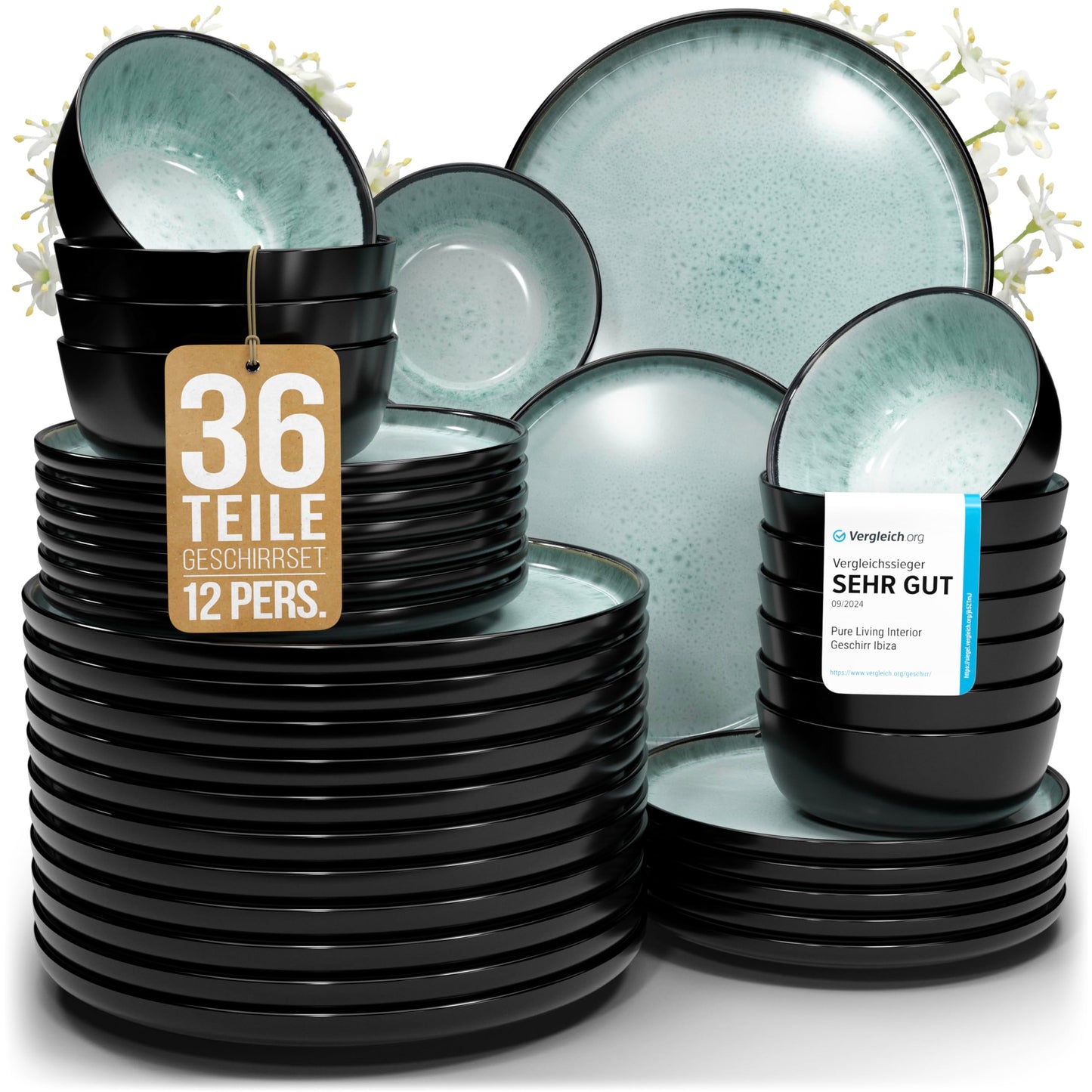 Ibiza Stoneware Crockery Set for 12 People, 48 Pieces, Test Winner, Dreamlike Mediterranean Stoneware Crockery Set, Bowl and Plate Set, Dinner Service for 12 People, Pure Living Crockery Sets in Deep