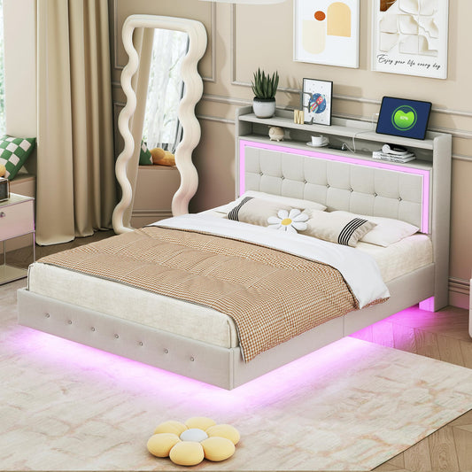 Polsterbett Doppelbett 140x200 cm mit LED-Beleuchtung und USB-Ladeanschluss, Bett mit Stauraumkopfteil, Stauraumbett mit Metallrahmen und Lattenrost aus Holz, Leinen, Beige, Ohne Matratze