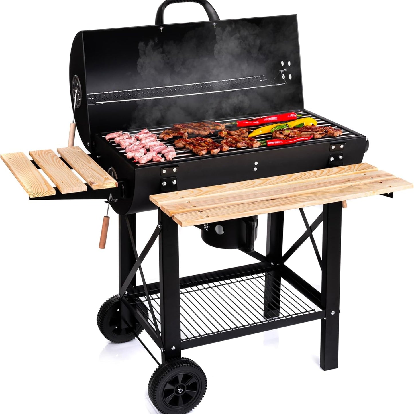 Lehmann LGACG-1935 Charcoal Grill with Grill XL Lid and Wheels, Grill Trolley with Two Wooden Shelves and Non-Warming Handle, Charcoal Grill for Garden, Patio, Camping