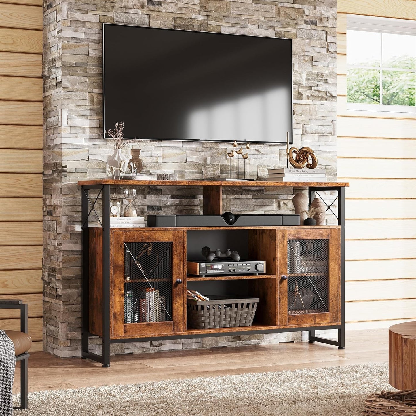 WLIVE Cabinet TV Schrank für Fernseher bis zu 55 Zoll, 128 × 36 × 82 cm Hoch TV Borad Fernsehschrank mit Verstellbaren Ablagen, Fernsehtisch mit Zwei Schränken, TV Tisch für Wohnzimmer