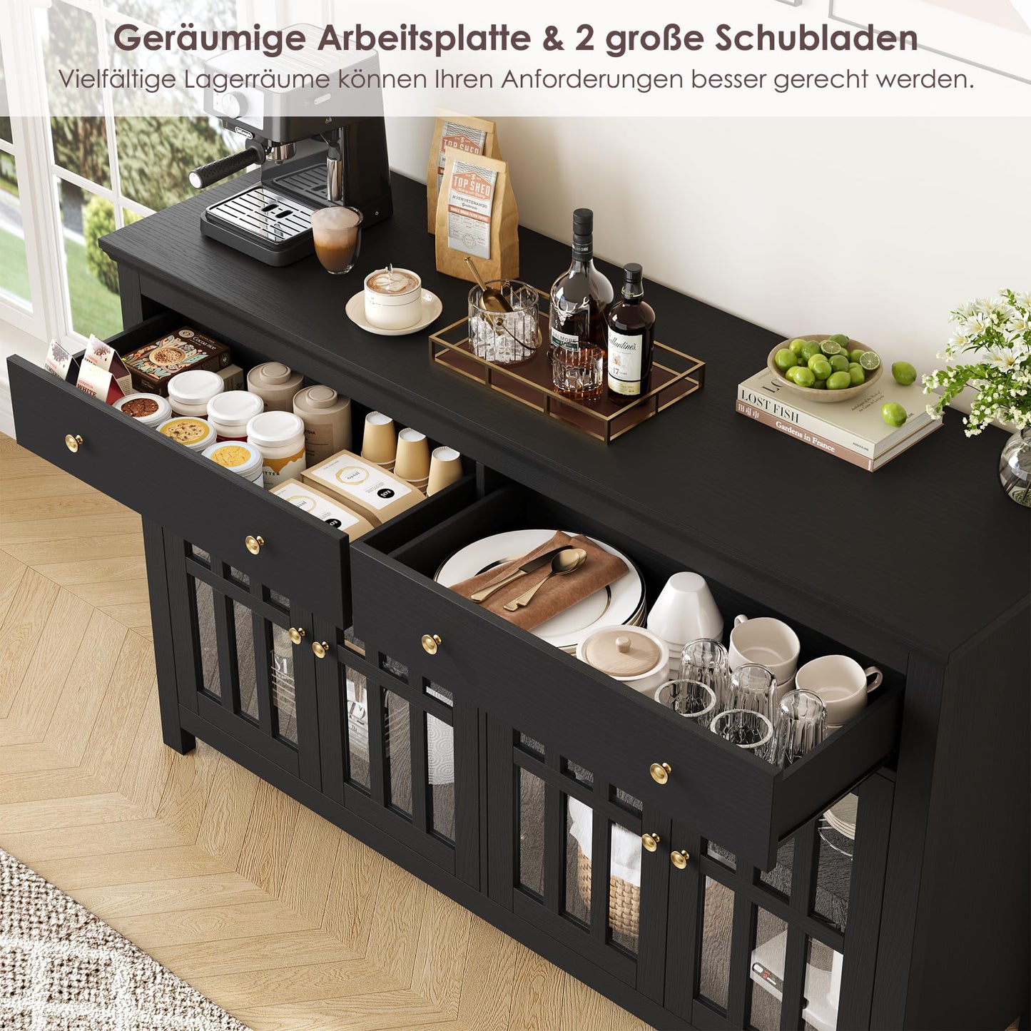 FirFurd Sideboard 140 cm Wide Kitchen Cabinet with Worktop Sideboard Living Room Kitchen Buffet Cabinet with 2 Drawers 4 Glass Doors Kitchen Buffet with Adjustable Shelves 140 x 40 x 91 cm Black