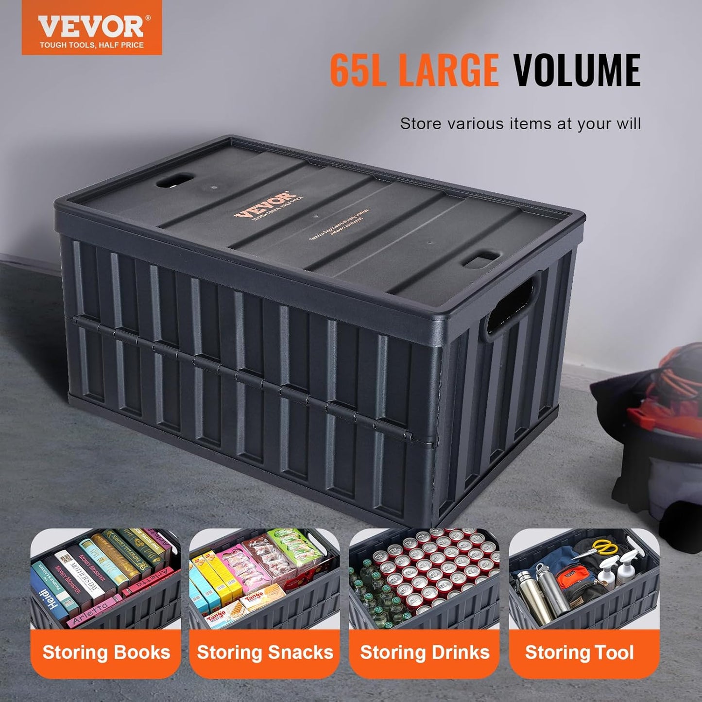 VEVOR Set of 3 65L Professional Folding Box Made of PP Transport Box with Lid Foldable Storage Box with Handle Stackable Boxes Storage Box Folding Boxes Stacking Boxes for Storage and Transport