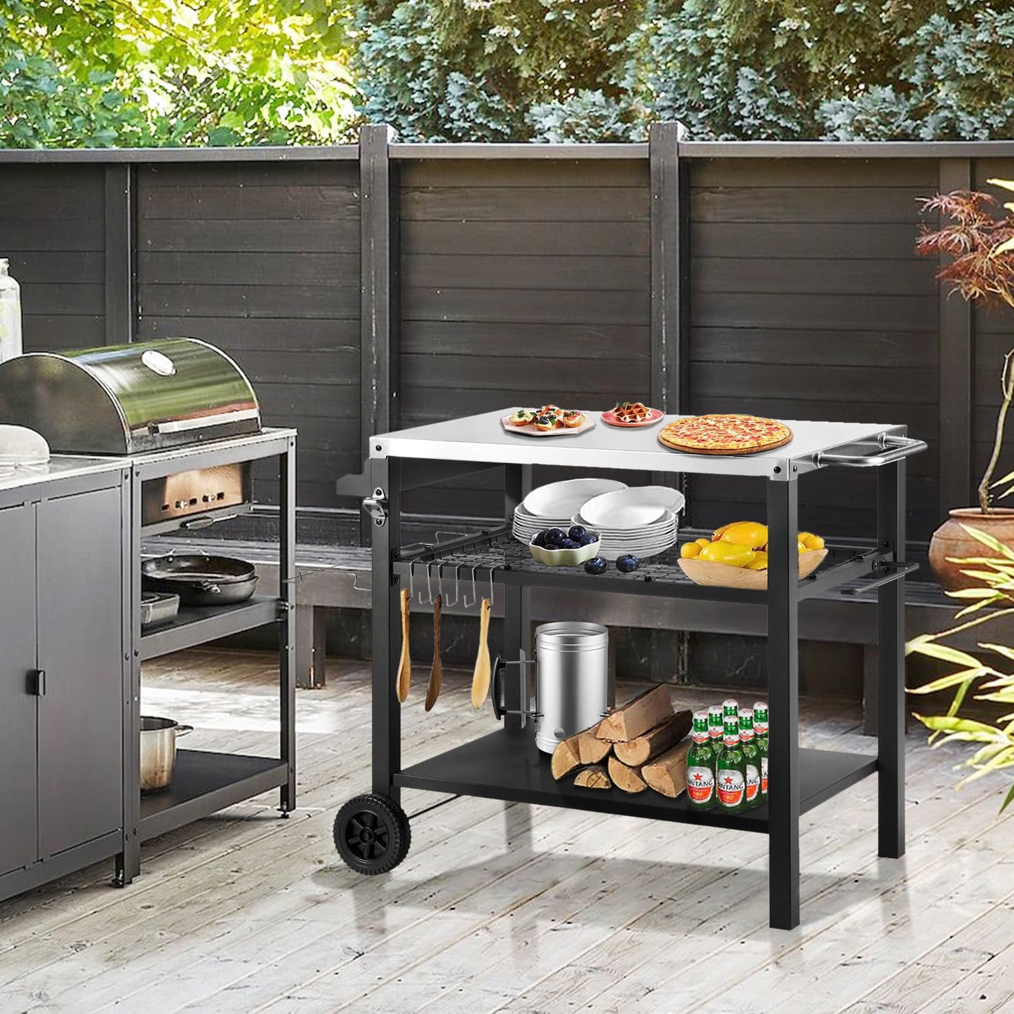 Barbecue Table with Large Work Surface | Grill Side Table, Outdoor Grill Trolley, Grill Table Outdoor, Stainless Steel Table Top, Outdoor Garden Trolley