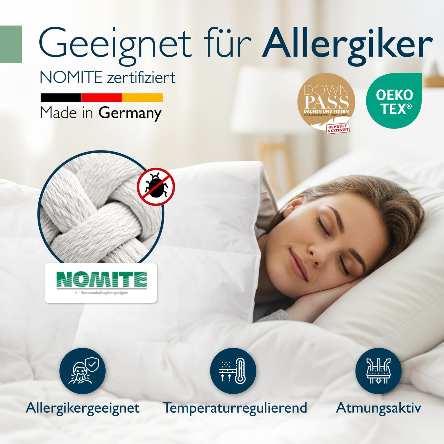 Beautissu All-Year Duvet Feather Duvet 135 x 200 cm with 100% Down and Feathers - Made in Germany - Oeko-Tex, Downpass & Nomite Certified - 100% Cotton Cover Down Duvet 135 x 200 cm Washable - GF