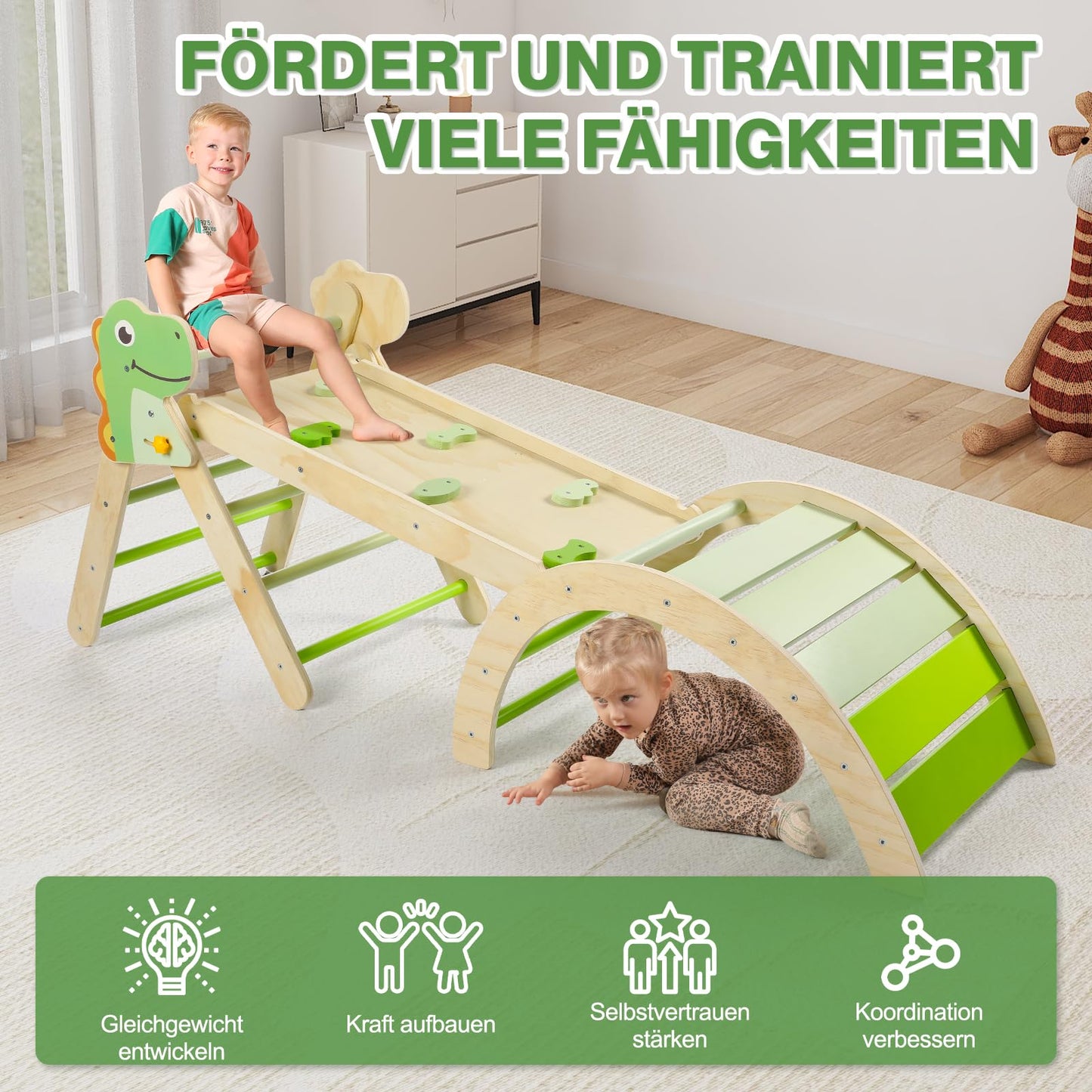 7-in-1 Montessori Kletterdreieck Set mit Rutsche, Kletterbogen & weichem Kissen – Holz Klettergerüst für Babys & Kleinkinder ab 1–3 Jahre, Indoor Spielgerät, faltbar & sicher (Dinosaur)