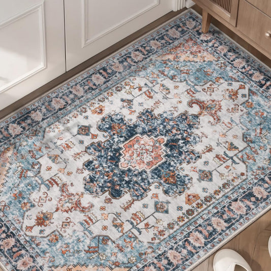 Tangsoo Washable Rug 4x6 Area Rug, Vintage Rug Indoor for Living Room, Non Slip Machine Washable Large Rugs, Soft Print Distressed Grey Farmhouse Carpet for Bedroom Dining Room Dorm Office