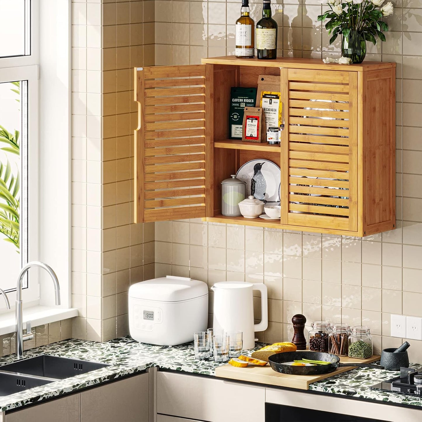 VIAGDO Bathroom Cabinet Hanging Bamboo Wall Cabinet Kitchen Cabinet Bathroom Shelf Medicine Cabinet with Height-Adjustable Shelf Bathroom Cabinet Wall Mounted Wall Shelf 20.7 x 59 x 51 cm