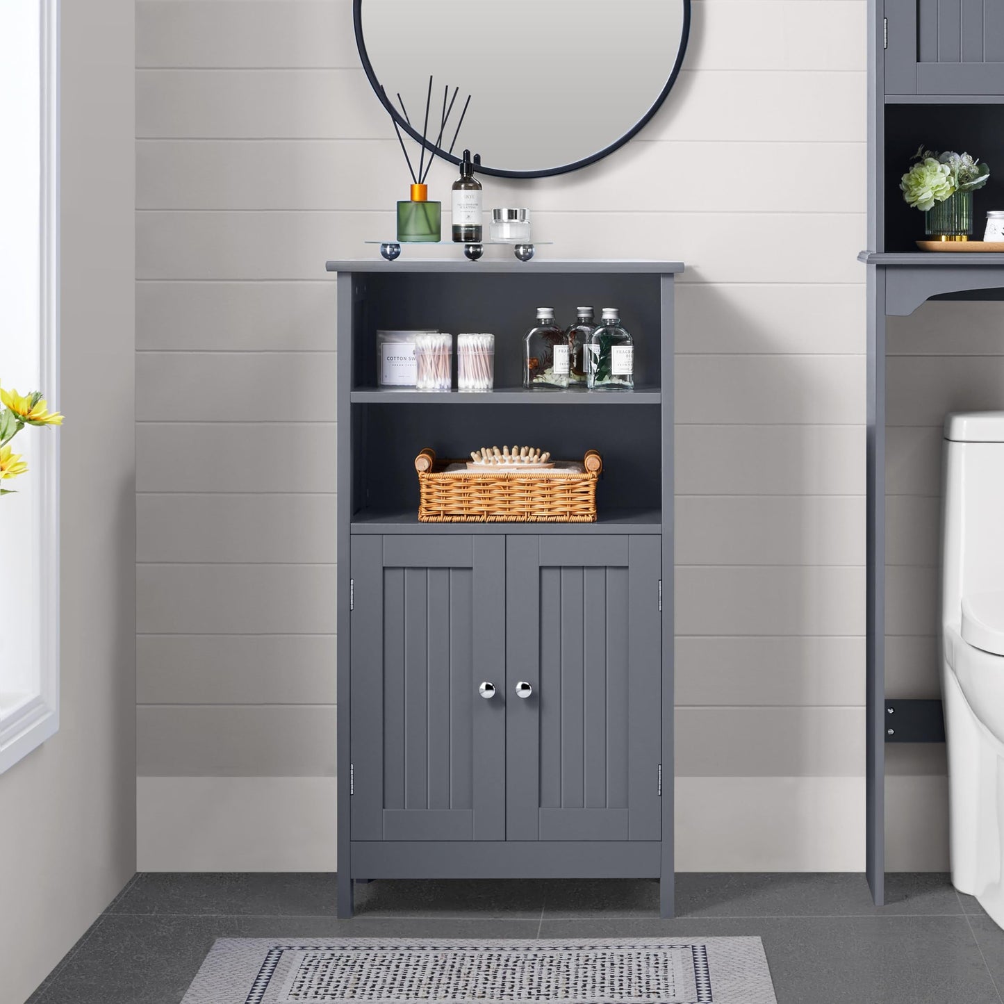 Yaheetech Bathroom Cabinet with Double Door and 2 Open Shelves Bathroom Shelf Bathroom Chest of Drawers with Adjustable Shelf Dark Grey 50 x 30 x 92.5 cm