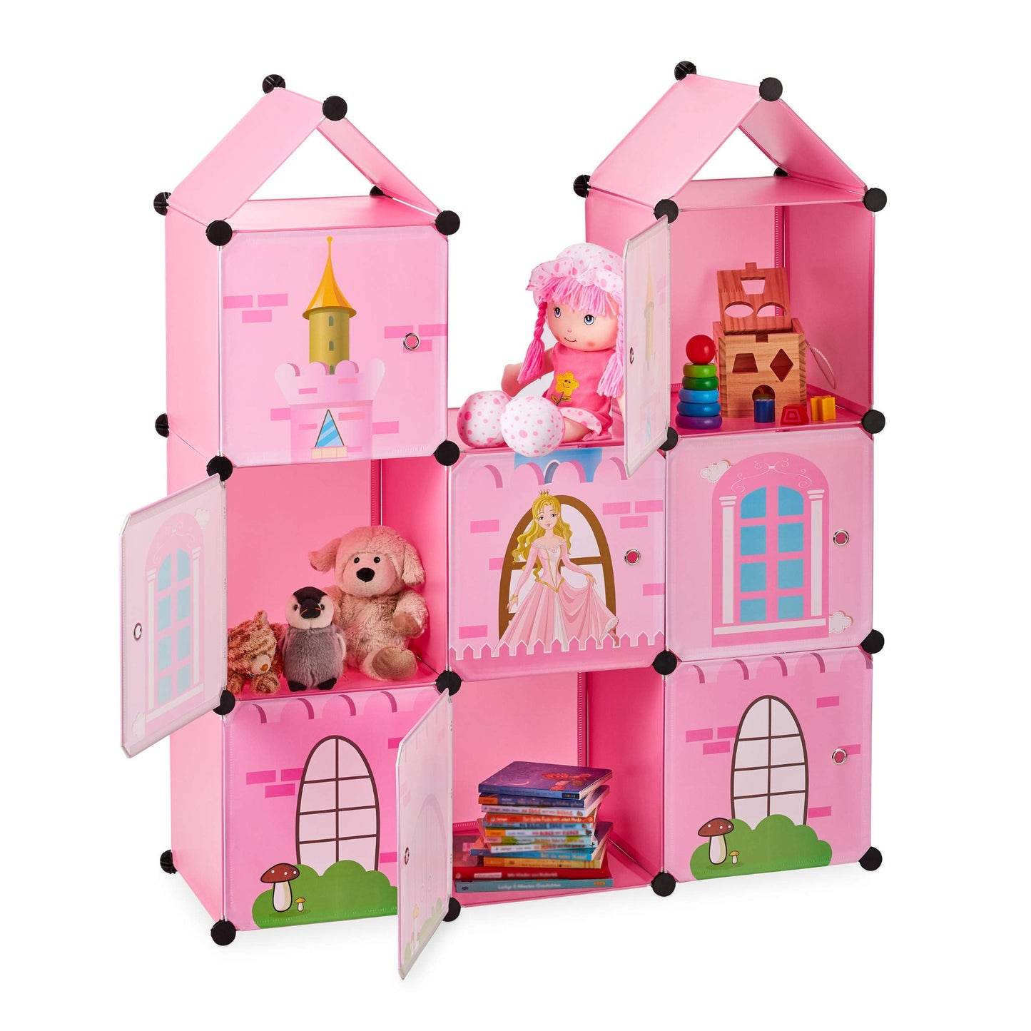 Relaxdays Boltless Shelving Unit for Children's Room, Princess Castle, Plastic, DIY Cabinet with Doors, H x D: 128 x 110 x 37 cm, Pink