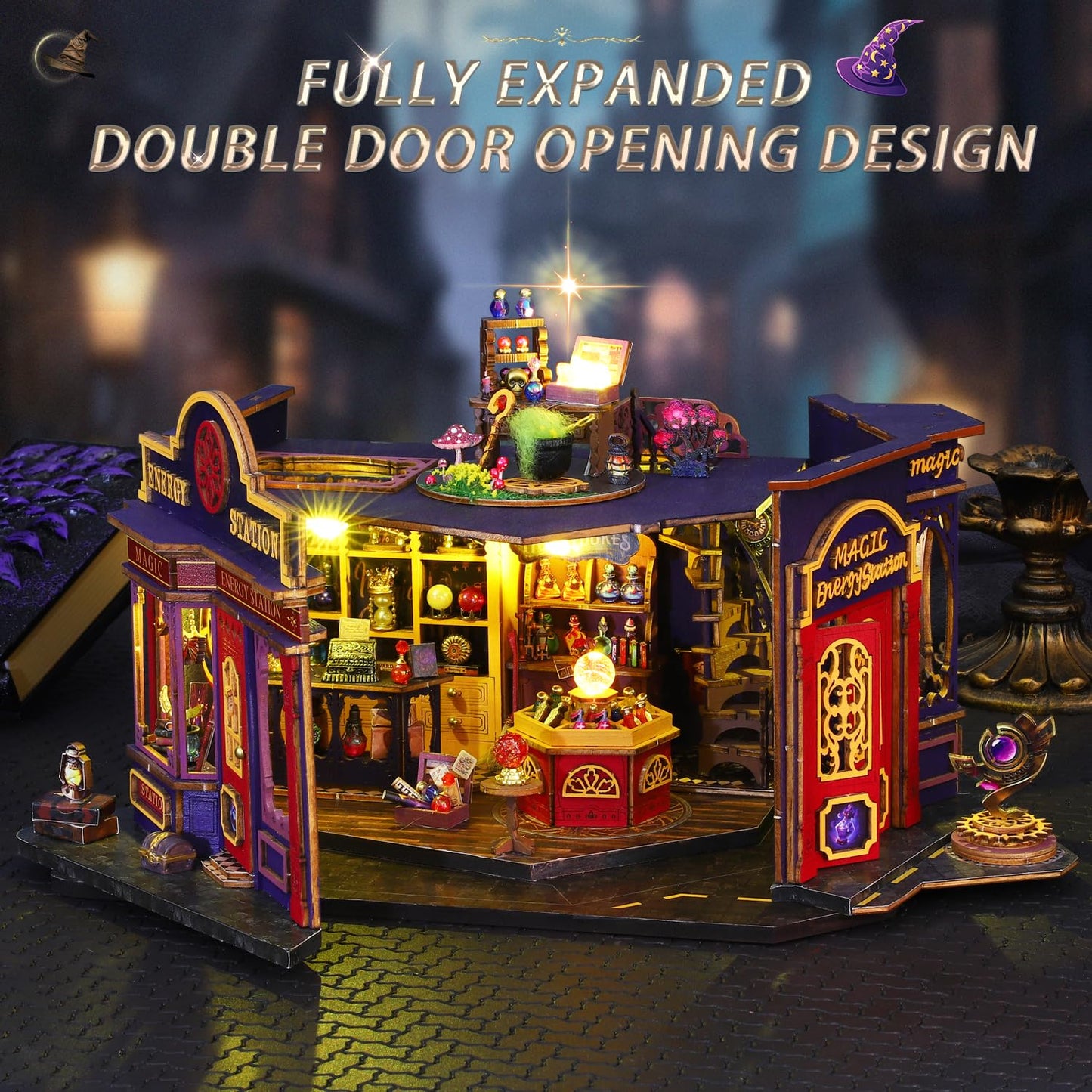 Mostop DIY Miniature Dollhouse Kit,Wooden Dollhouse Construction Kit,Miniature House Kit with LED Light und Bewegungen,Creative Room Idea for Children/Adults,Magic House,DIY Kits (Twilight Book City)