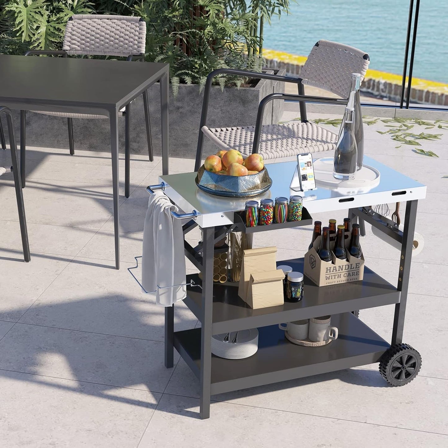 KOMFOTTEU Foldable Barbecue Trolley, Grill Table with Stainless Steel Worktop, Outdoor Trolley with 2 Wheels, Serving Trolley Grill Trolley with Adjustable Shelf, Mobile Phone Holder & Towel Holder,