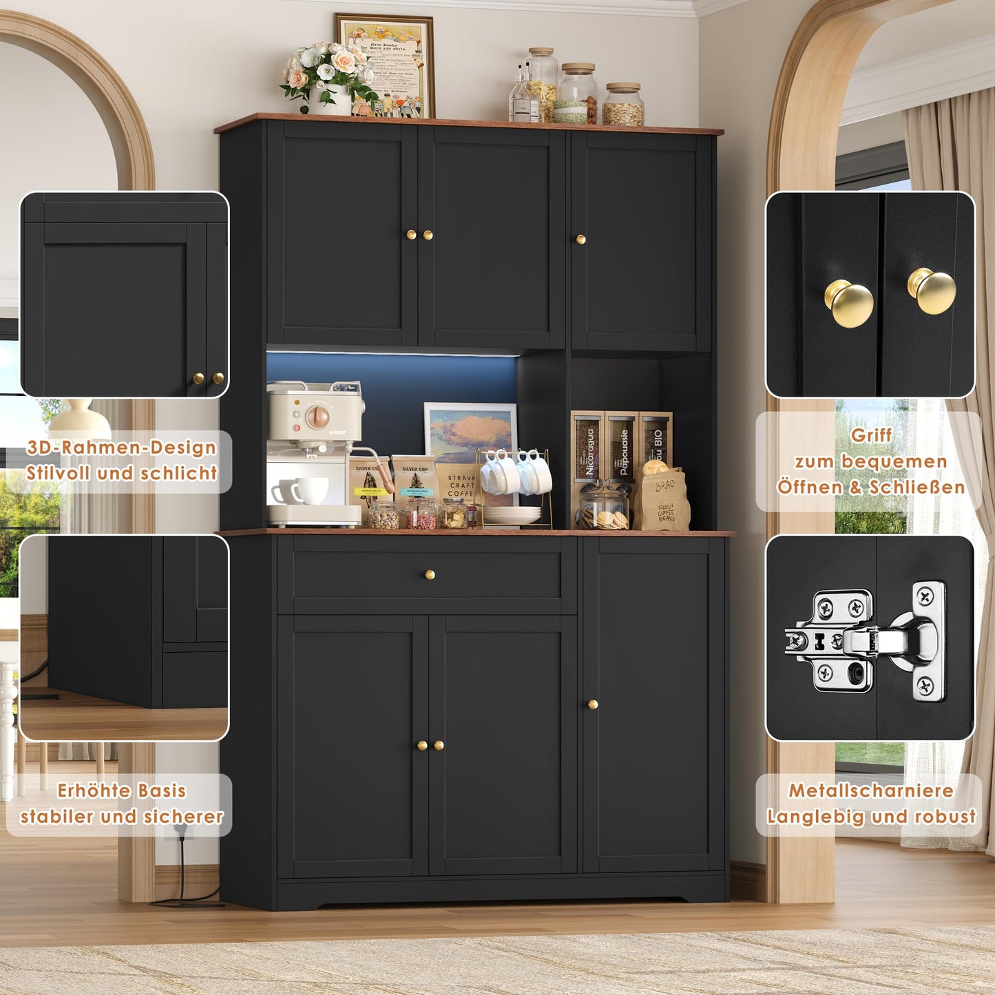 FirFurd Kitchen Cabinet 180 cm Buffet Cabinet with LED Sideboard for Kitchen with Power Strip Kitchen Cabinet with Worktop and Wine Rack for 12 Bottles Kitchen Buffet Kitchen Furniture 180 x 100 x 39