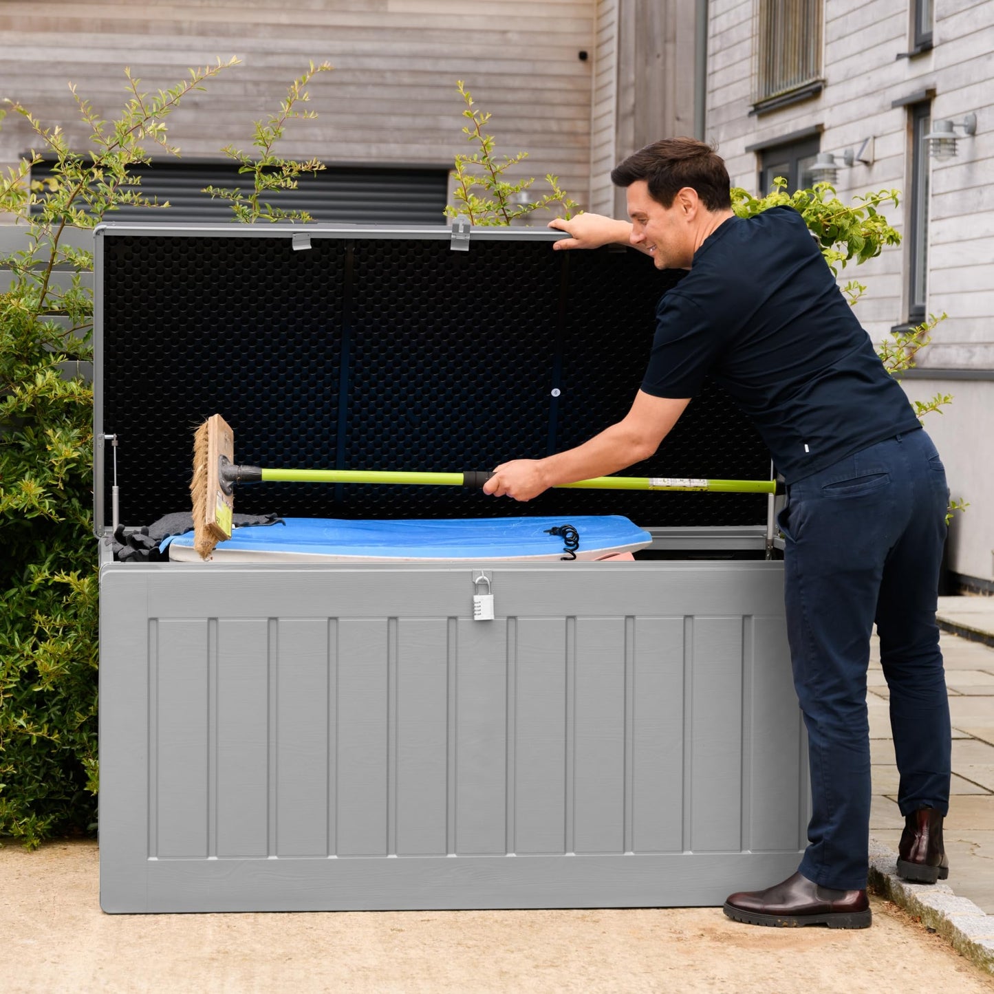 Olsen & Smith 270L Large Capacity Outdoor Garden Storage Box with Padlock Plastic Shed - Weatherproof and Stand Up with Wood Effect Chest (270L, Black)