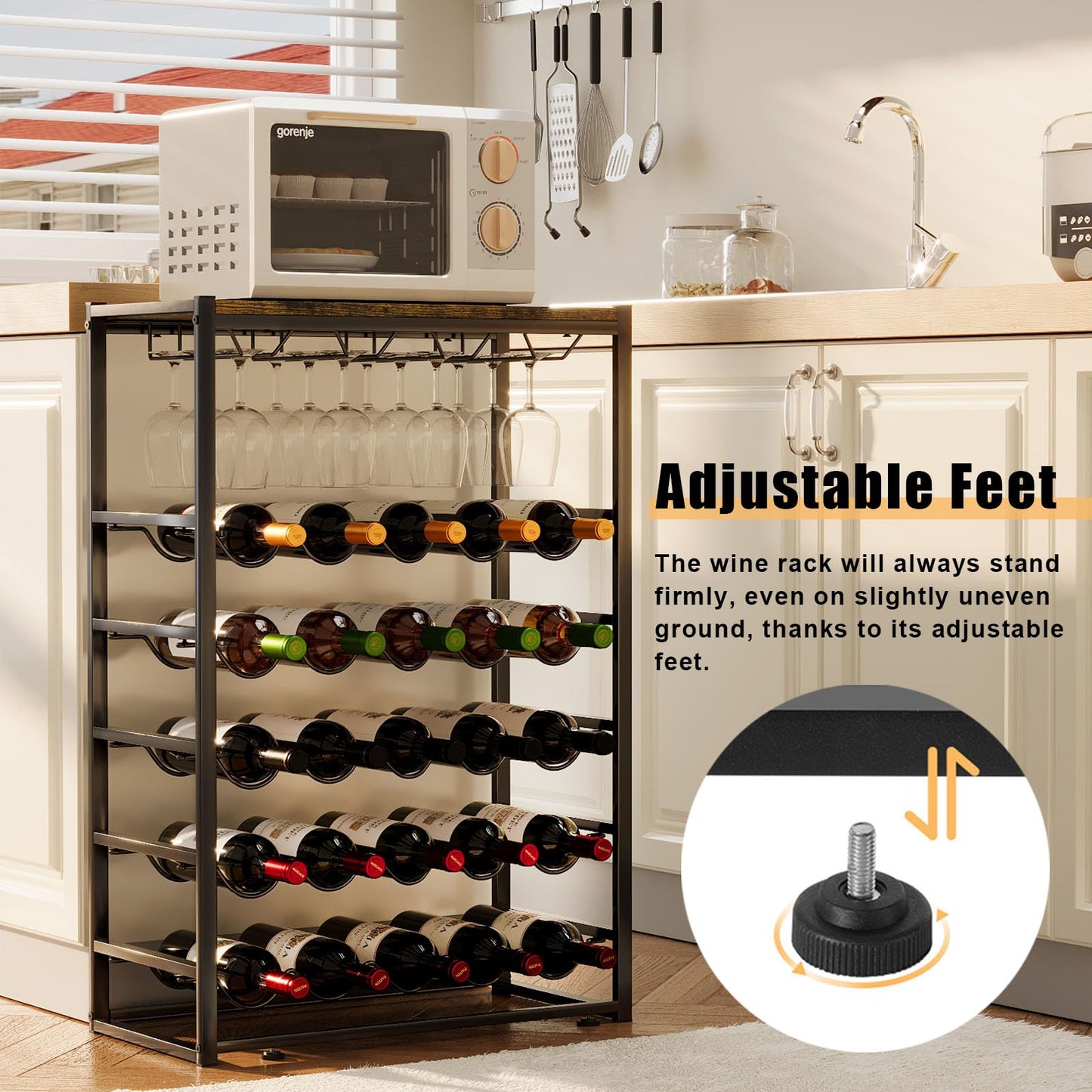 Urban Deco Wine Rack for 30 Bottles, Bottle Rack Standing with Wooden Table Top, Wine Rack Metal Black for Kitchen, Bar, Basement, Dining Room, 59 x 30 x 89 cm